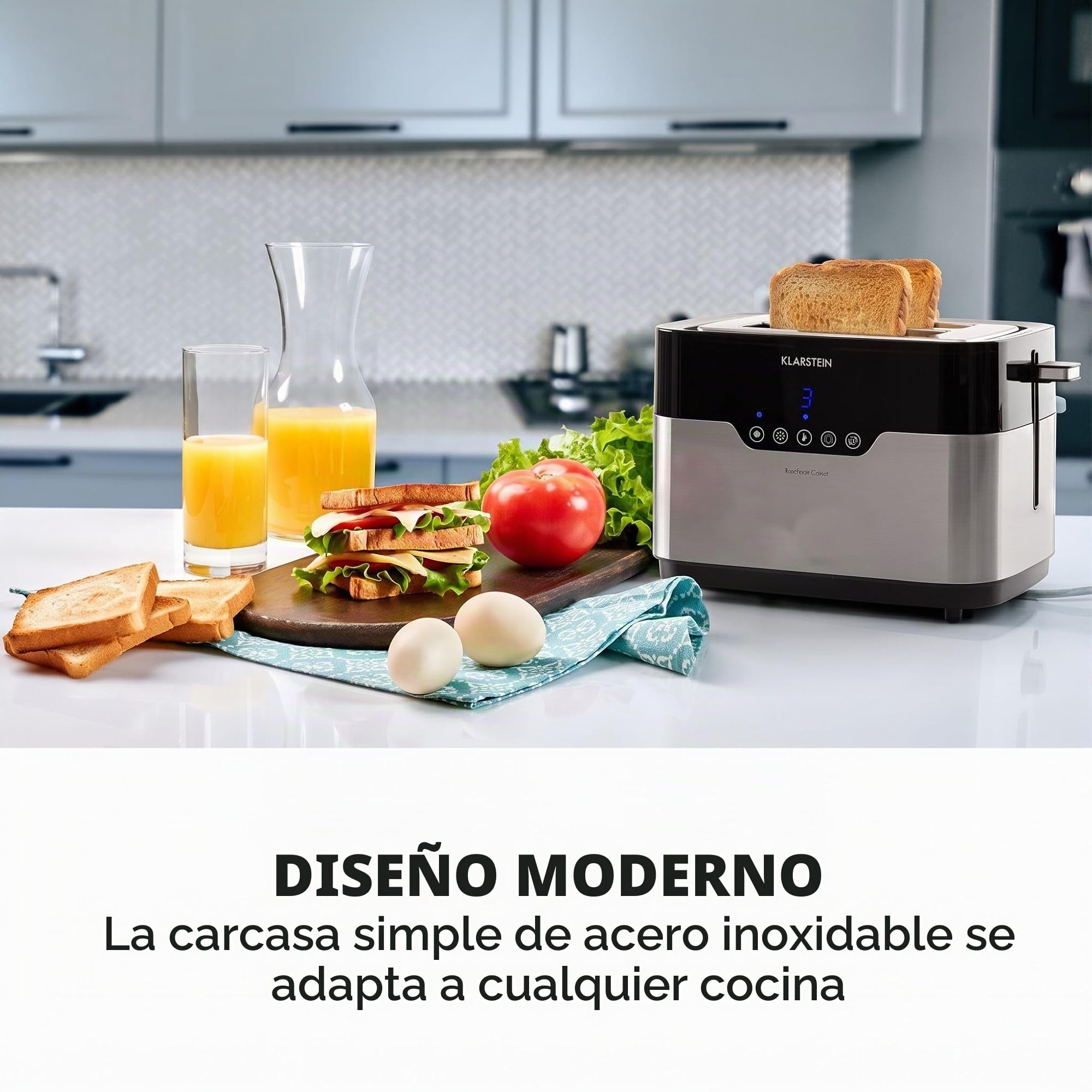 Klarstein Arabica tostadora, 920 W, panel táctil, pantalla LED, funciones descongelar, recalentar y cancelar, rejilla calientapanecillos, bandeja recogemigas, recogecable, acero inoxidable