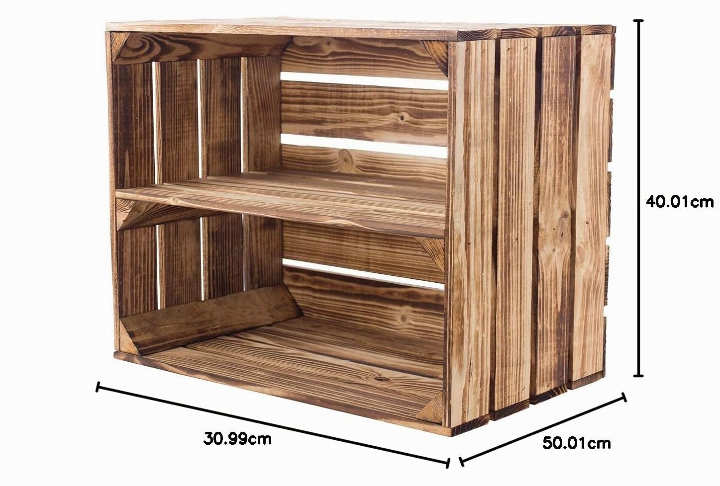 Vintage-Möbel24 3er Set Obstkisten mit Zwischenbrett – geflammt – Holzkisten als Schuhregal 50x30x40cm
