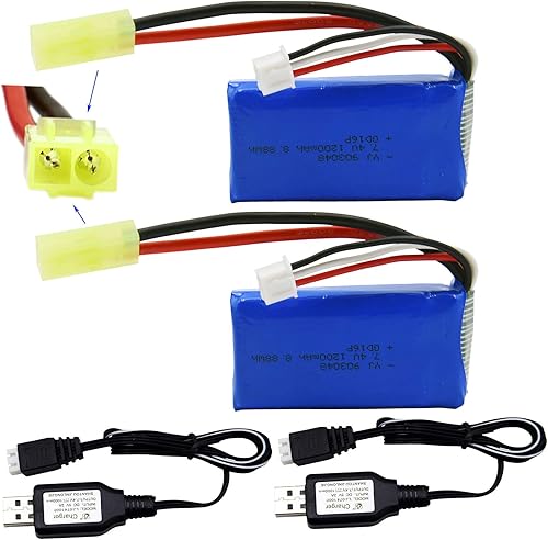 Blomiky Paquete de 2 baterías Li-PO de 7.4 V 1200 mAh 8.88 Wh y 2 cables de cargador USB de repuesto para escala 1/18 9310YL 9300 9301E 9302E 9303E