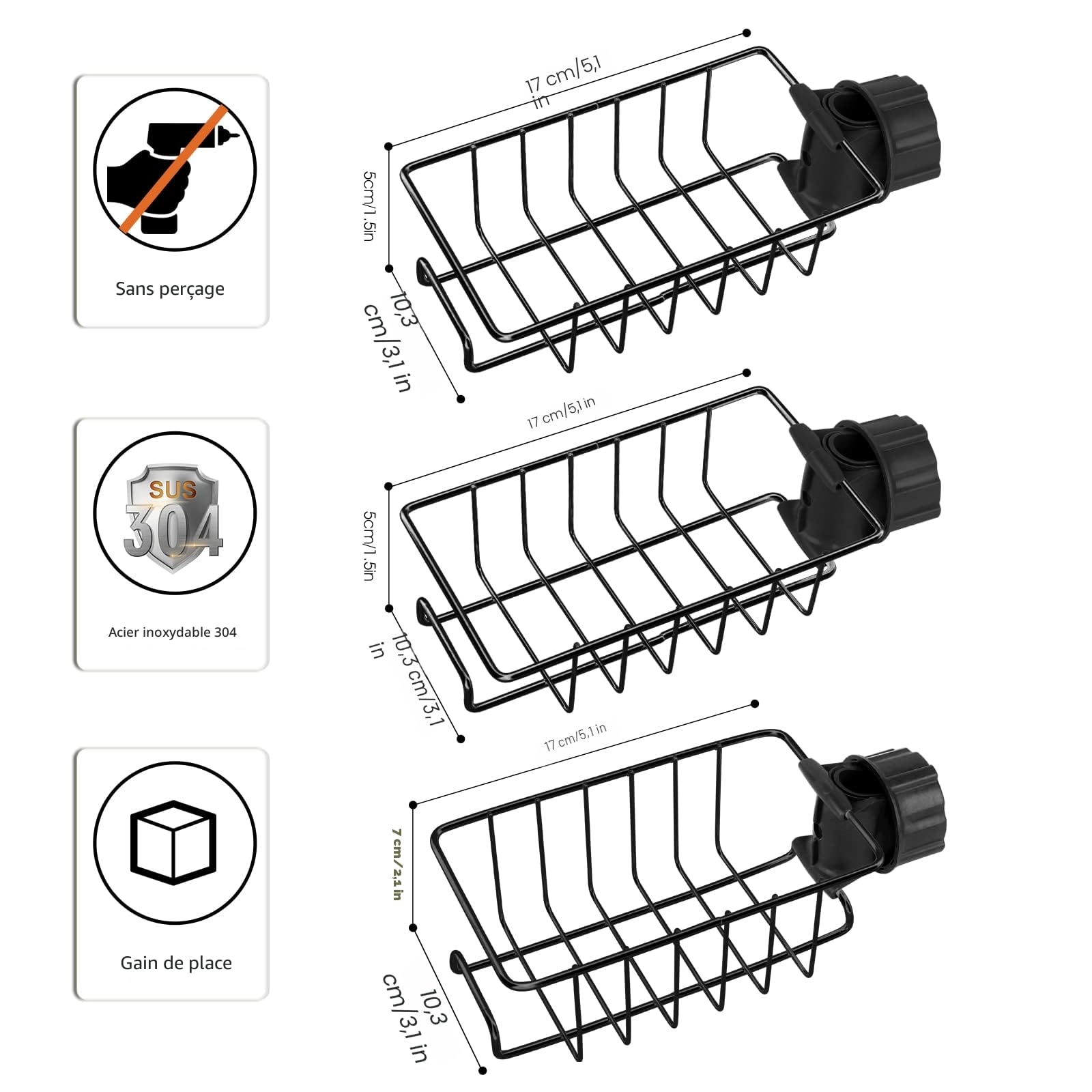 Set de 3 tablettes de Douche en Acier Inoxydable - Ne nécessite Aucun perçage - pour Barres de Douche de 18 à 27 mm - Noir