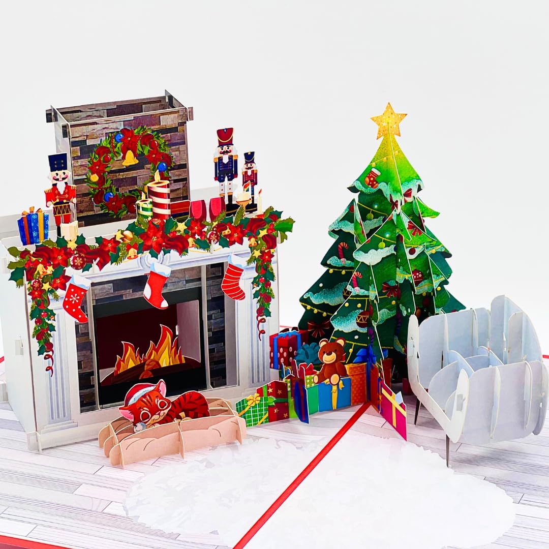 Modern Christmas Fireplace Pop Up Card, 3D Living Room Atmosphere with Tree, Presents, and Armchair