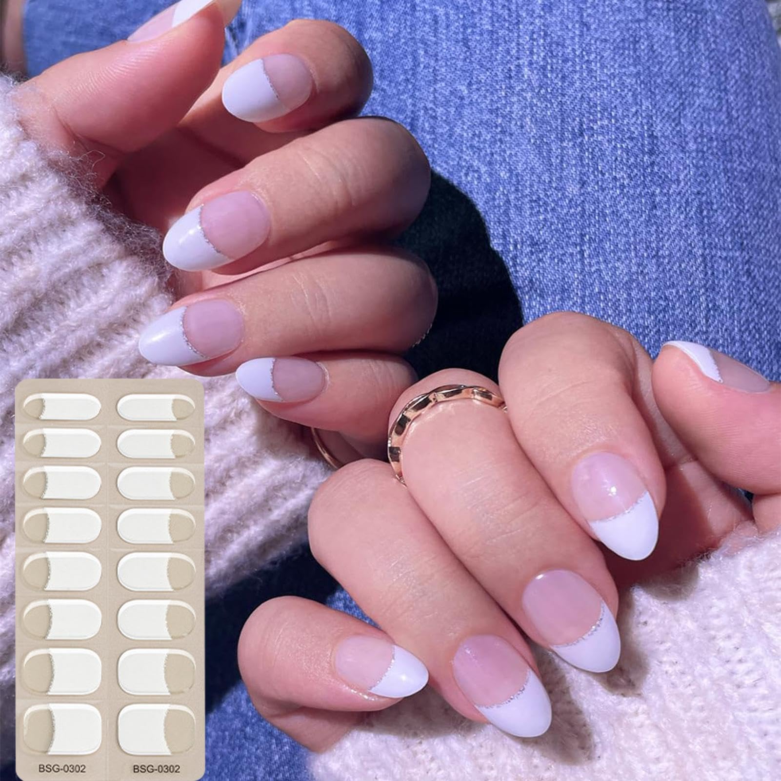 Semi Cured Gel Manicure Stickers, Gel Stickers for Nails, Magnetic Nail Wraps, French Tip Nail Strips, French Gel Nail Stickers, Glitter Gel Nail Stickers Works with UV Light for Nails