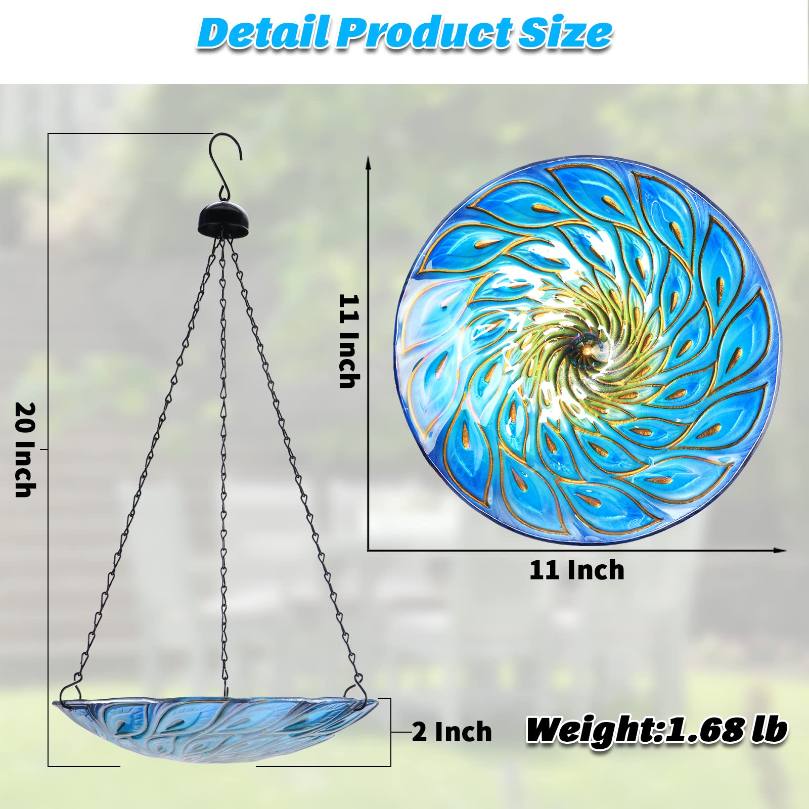 MUMTOP Vogeltränke zum Aufhängen, 27,9 cm, Glas, Pfau, Vogelfutterstation für Garten, Hof, Dekoration