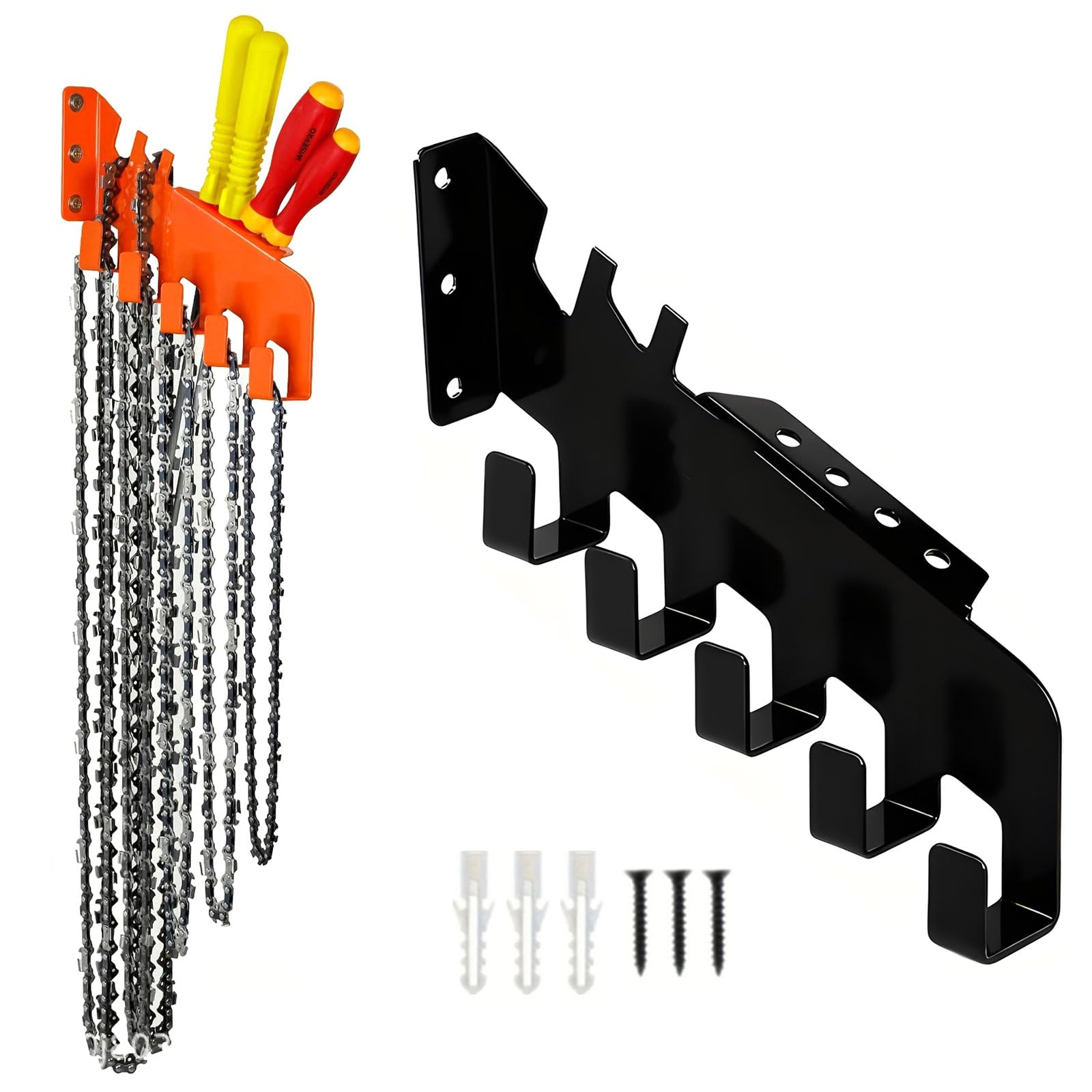 Elnwnnkc Rust Steel Chainsaw Chain Hanger with 5 Fasteners and Tool Slots for Easy Maintenance Mild Steel Simple Workshop Powder Varnished Chain Observed