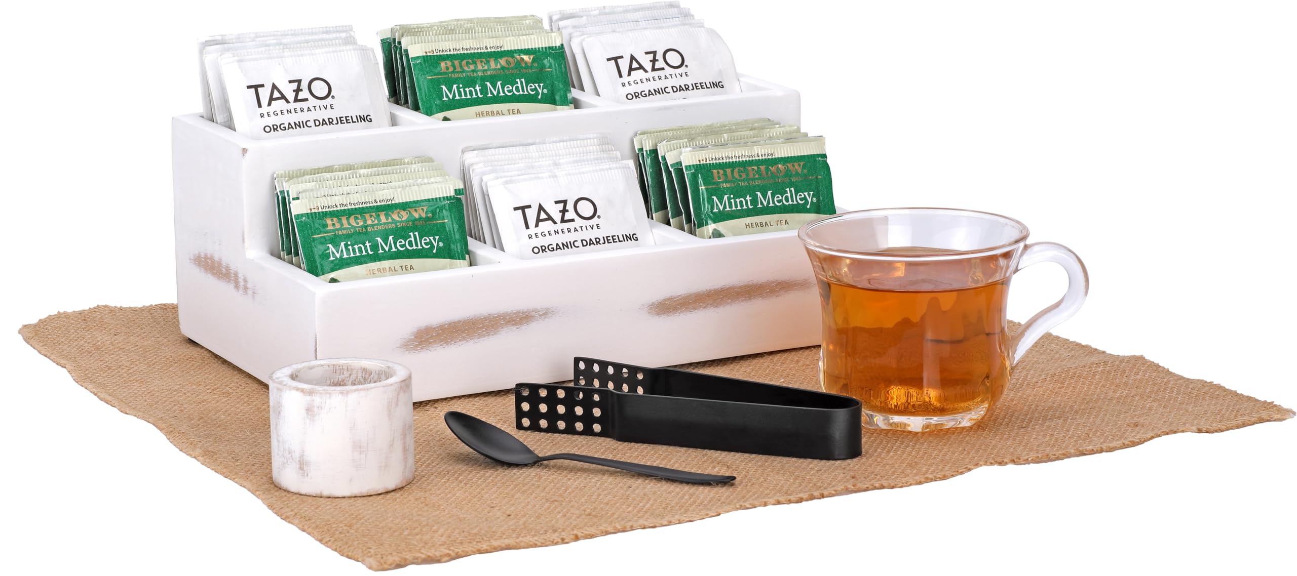 Wooden Tea Bag Organizer | Farmhouse Finish | 6-Compartment Storage | Countertop | Accessories: Tea Bag Squeezer, Natural Jute Placemat, Tea Spoon, Wooden Napkin Ring