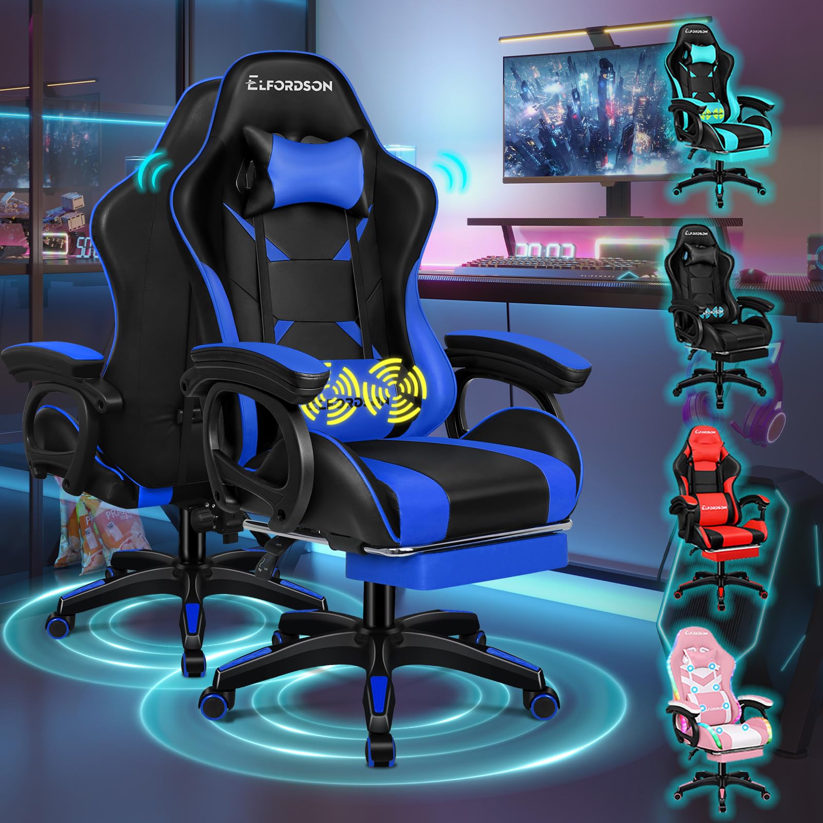ELFORDSON Gaming Chair with 2-Point Massage Cushion, Computer Chairs for Home Office, Head Pillow High Back 150° Recliner, for Kids Adults, Blue and Black