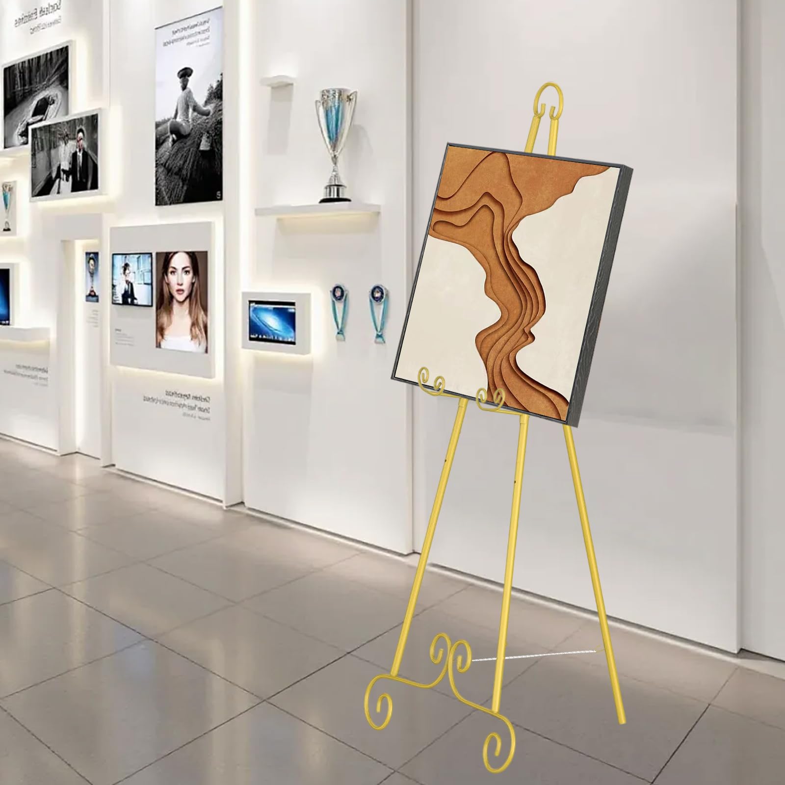 Metall Poster Staffelei,Künstler Staffelei Stand,Verstellbares Stativ Tisch Kunst Leinwand Malerei Display,Goldene Vintage-Schriftrolle Boden Staffeleien für Innen Außen Hochzeitsschild,Poster,Malerei