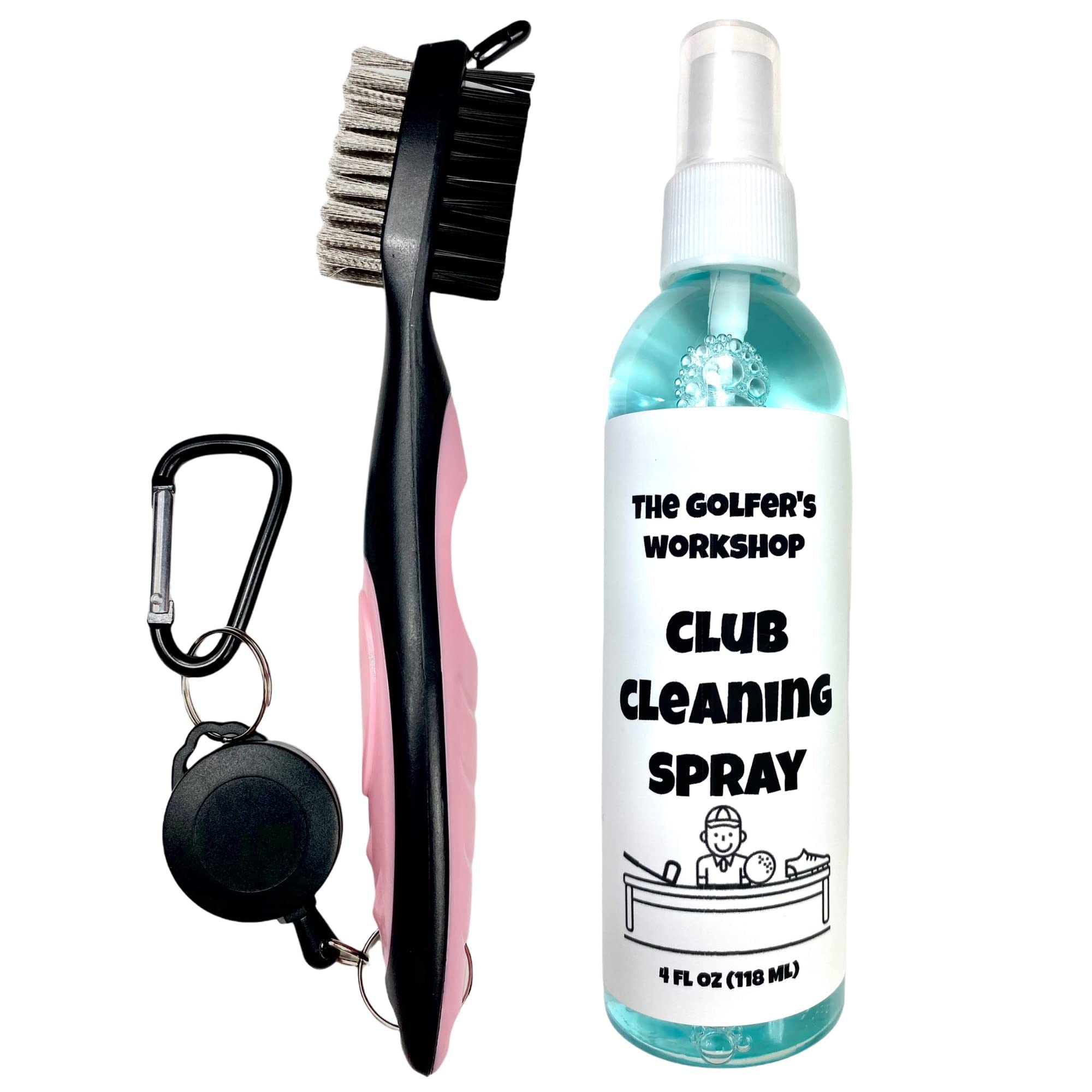 The Golfer's Workshop 4oz Club Cleaning Spray and Pink Golf Club Brush with Groove Cleaner, 2ft Retractable Zip-line, Carabiner Clip - Cleans Clubs and Balls, Rejuvenate Grips