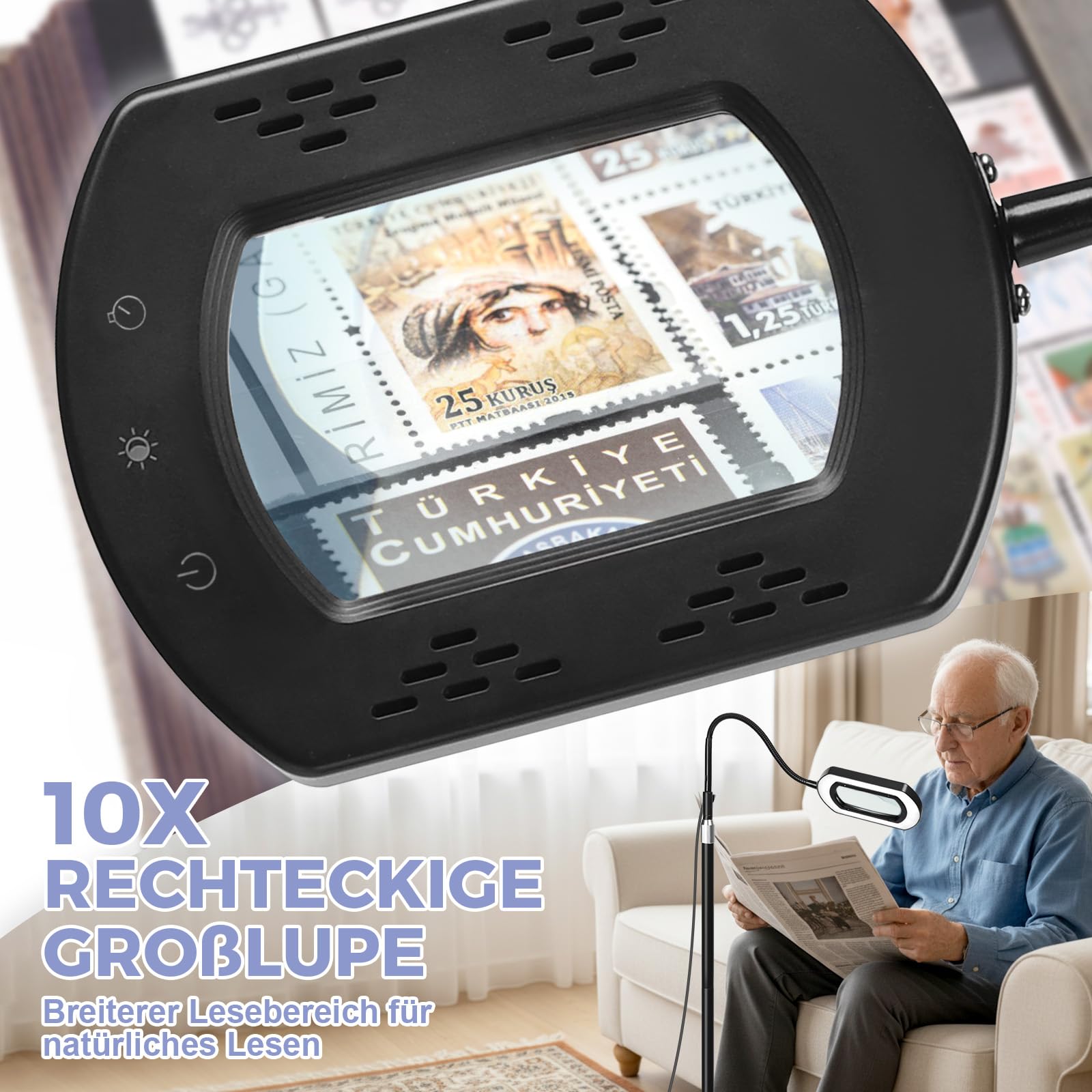 10 x lampa stojąca z lupą ze światłem i stojakiem, elastyczna lampa LED z lupą typu łabędzia szyja z zaciskiem, 5 trybów kolorów, bezstopniowe ściemnianie, lupa do czytania 3 w 1 ze światłem dla