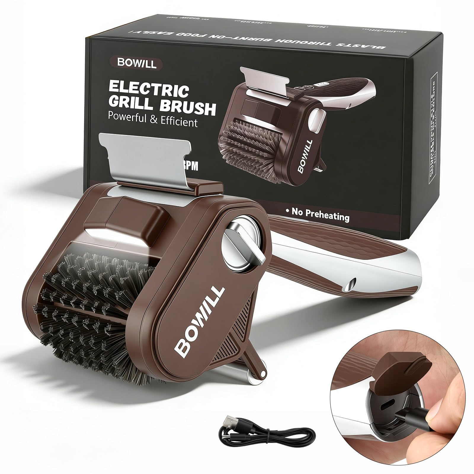 Electric Grill Brush, Detachable Cordless BBQ Grill Cleaning Brush with 450 RPM & LED Light, 180° Adjustable Head & 360° Rotating Splash Guard for Outdoor Gas, Porcelain, Charbroil Grates