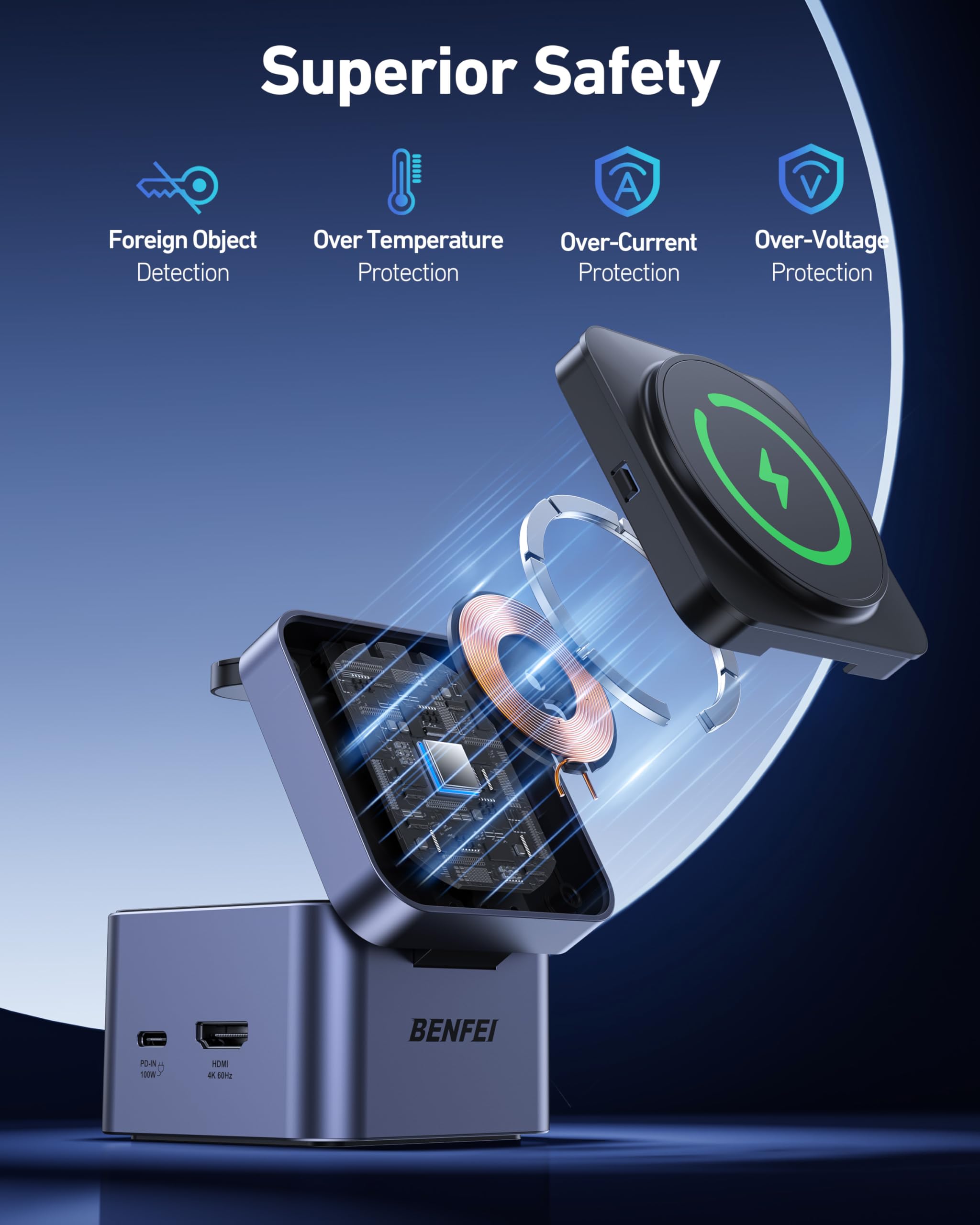 BENFEI Caricabatterie pieghevole 3 in 1 MagSafe con hub USB-C, stazione di ricarica wireless per iPhone 16/15/14/13/12, Apple Watch, AirPods, con supporto HDMI 4K@60Hz, 100W PD e 2 porte USB 3.0 5Gbps