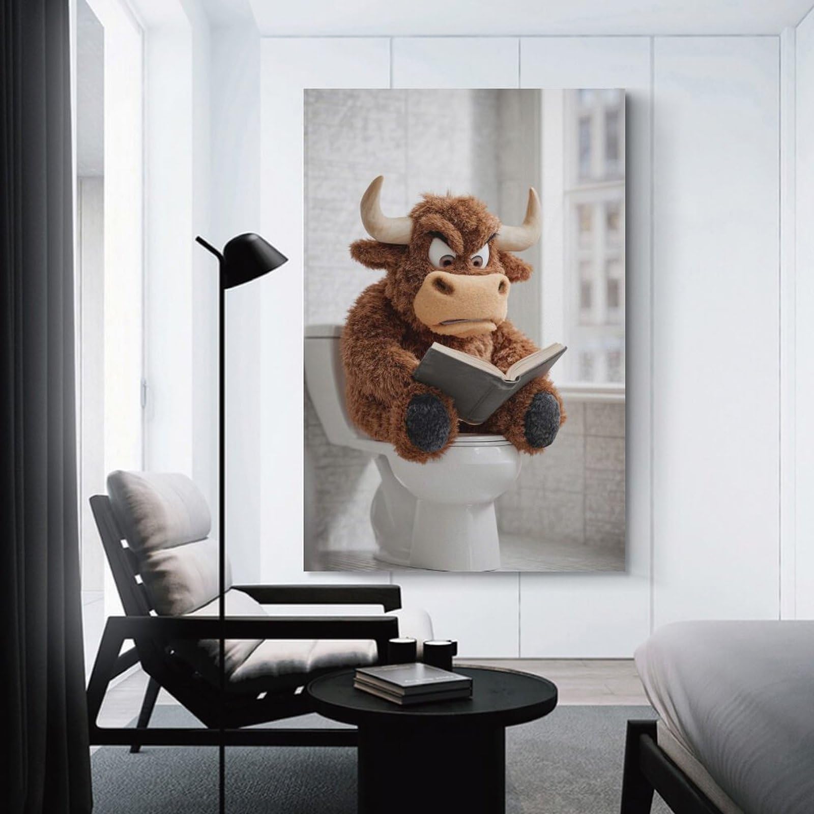 Junmoney Canvas Art Print Furry Bull Reading on Toilet, 20x30inch(50x75cm), for Office, Study Or Home Workspace, Decorative Artwork for Productive Spaces