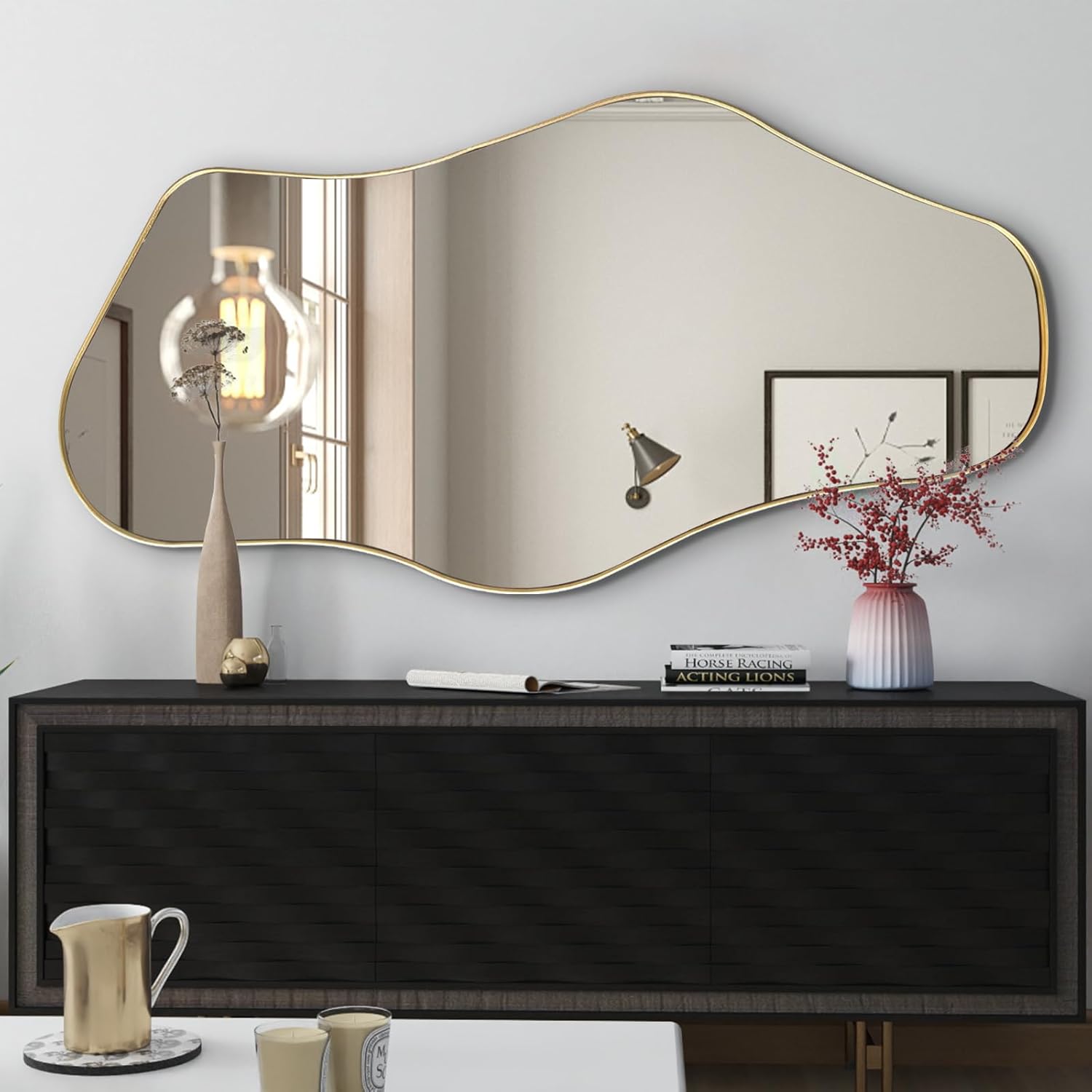 Irregular Wall Mirror, Gold Asymmetrical Mirrors Decorative, 47"x25" Wavy Shaped Mirror with Metal Frame, Modern Abstract Mirrors for Living Room Bathroom Bedroom Hallway Entryway Fireplace Gold 47"L x 25"W