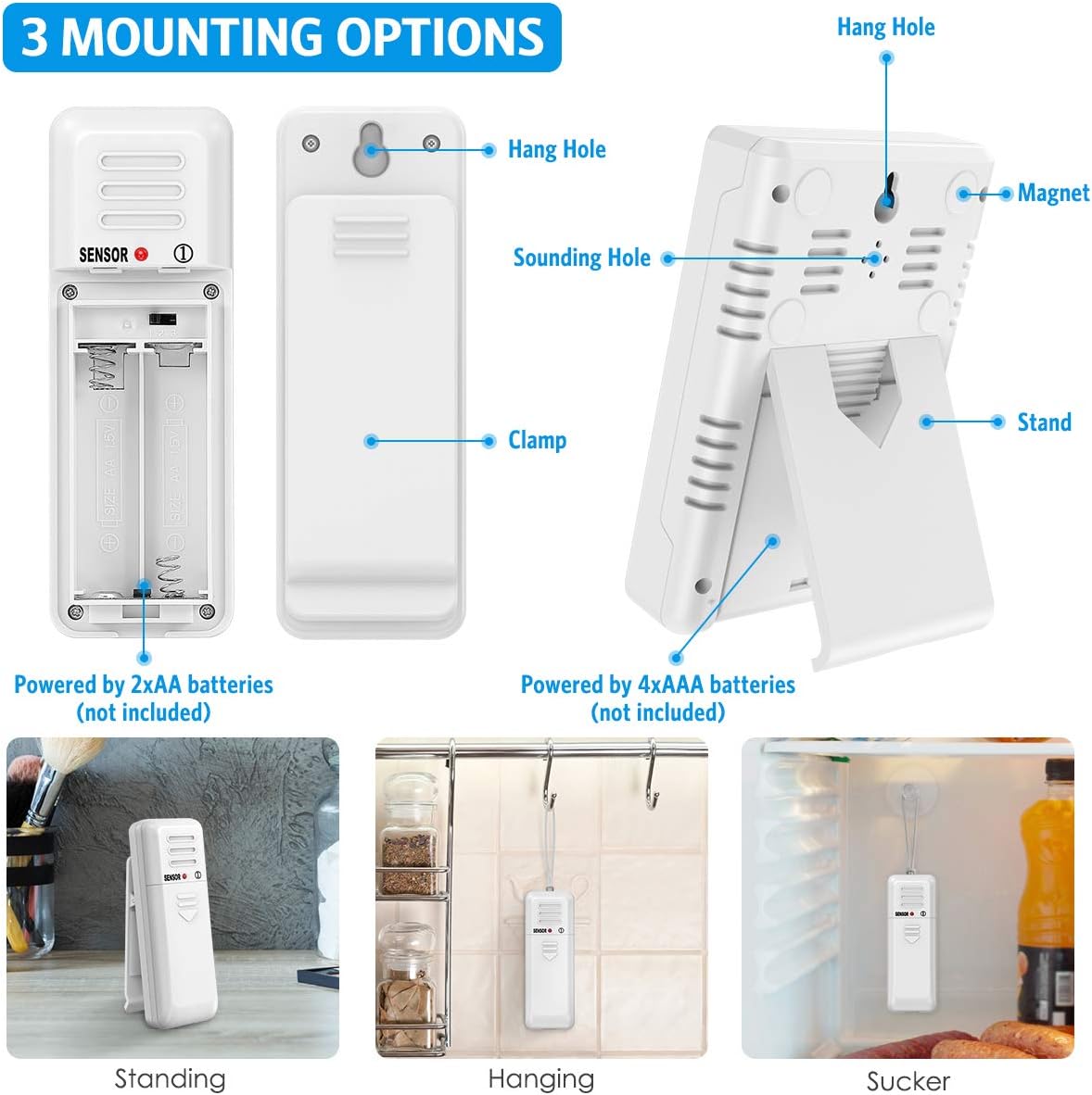 Refrigerator Thermometer, Wireless Digital Freezer Thermometer with 2 Sensors, Audible Alarm, Min and Max Record, Large LCD Display for Home, Restaurants, Bars (Battery not Included)