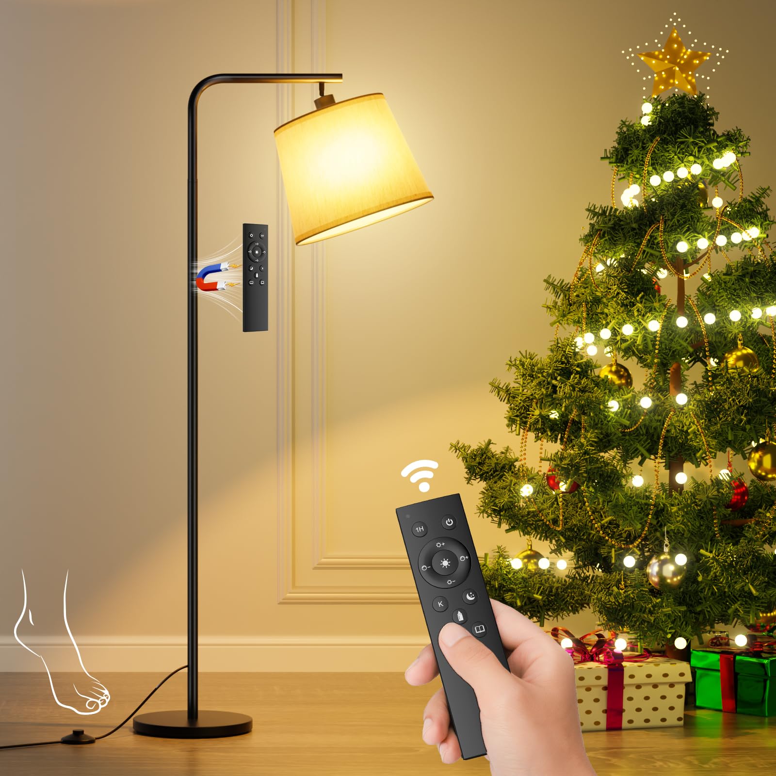 Lampada da Terra, Piantana Dimmerabile Moderna con Telecomando Magnetico, Lampada da Terra Salotto con Paralume in Lino Beige, Lampadina E27, per Soggiorno, Camera da Letto, Ufficio