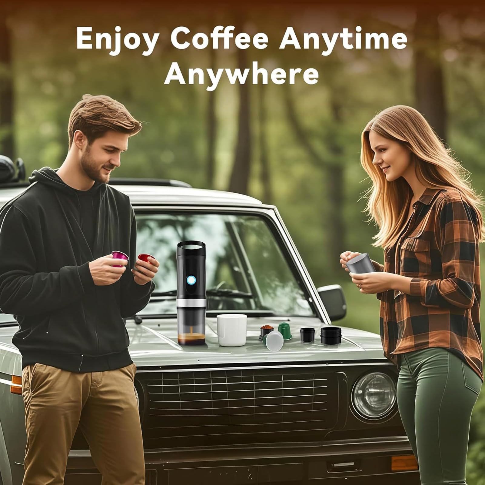 Macchina per Espresso Portatile 3 in 1, Caffettiera Elettrica Ricaricabile 20 Bar con Riscaldamento Autonomo Rapido, Compatibile con Capsule e caffè Macinato per gite, lavoro, campeggio (Nera)