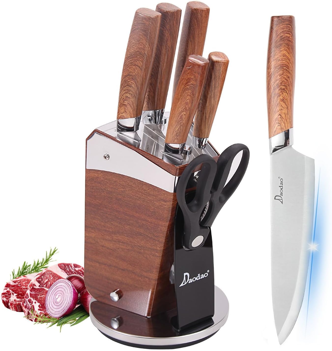 Kitchen Knife Set, 7-Pieces Knife Set with Block for Kitchen, High Carbon German Steel Chef Knife Set with Comfortable Imitates Wooden Handle, Cooking Knife Set for Slicing, Dicing,Cutting (Brown)