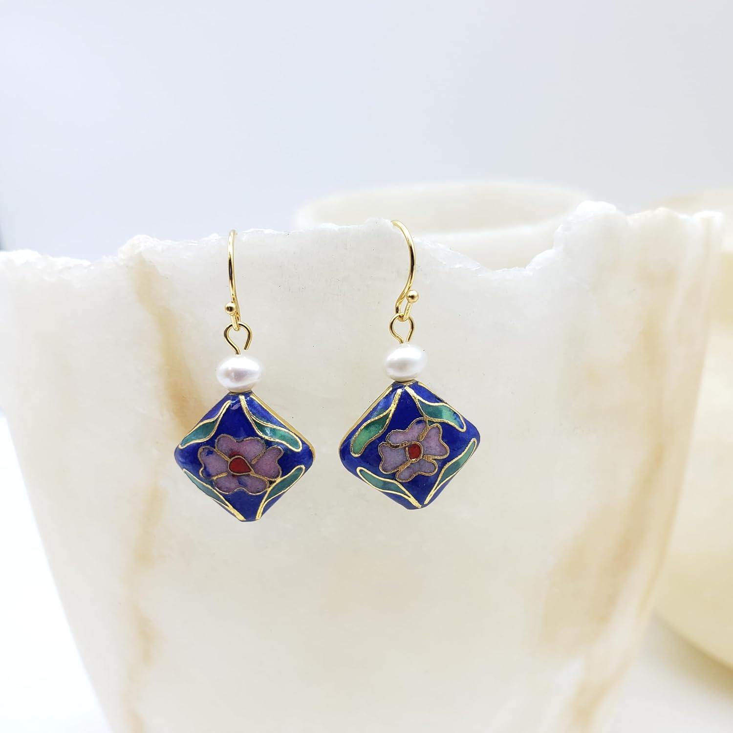 Asian Floral Earrings with Pearl - Cloisonne Bead - Deep Blue - Image 2
