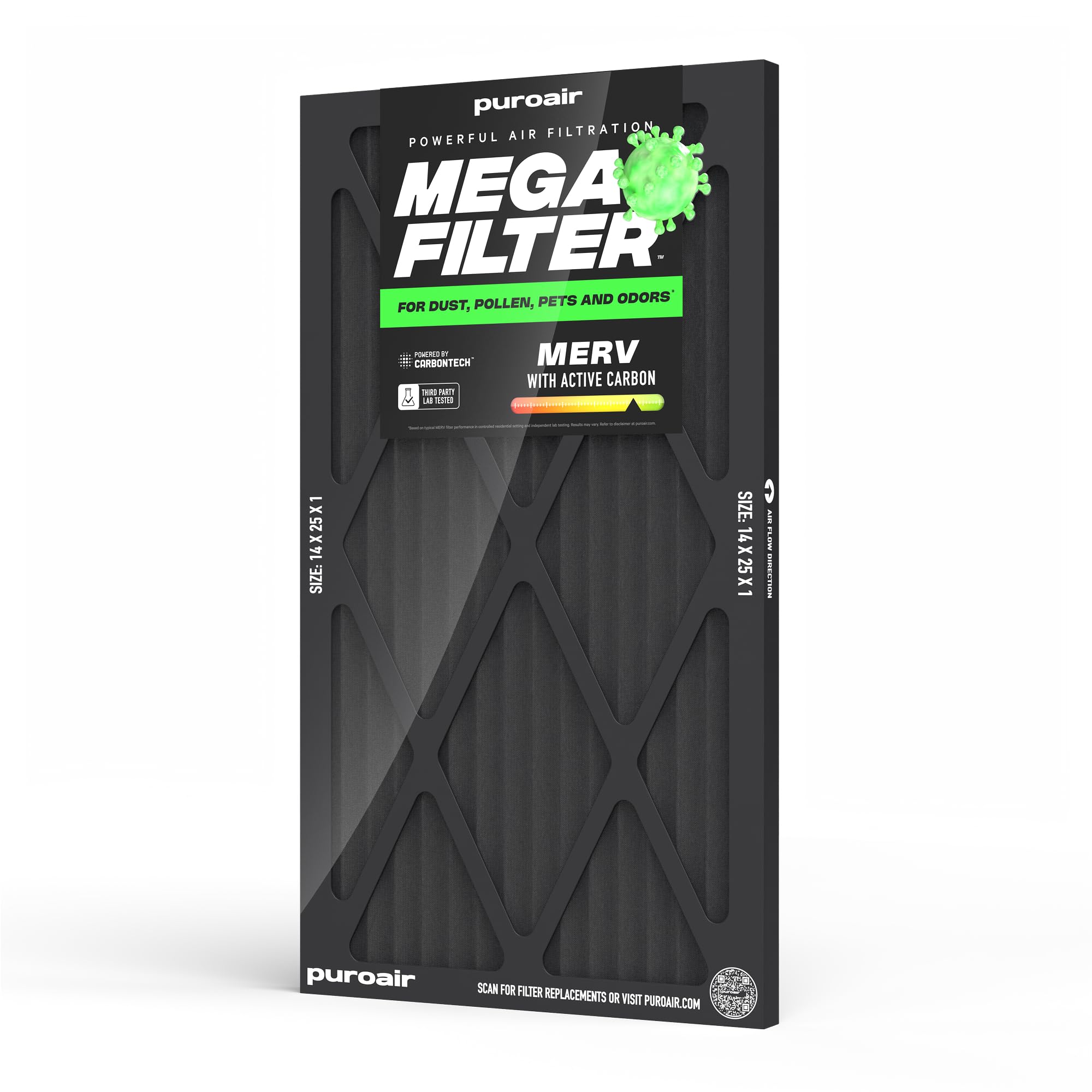 PuroAir Mega Filter - MERV 13 14x25x1 Air Filter For Home With Activated Carbon - Filters Allergens, Pet Dander, Smoke, Dust - Furnace and AC Filter -