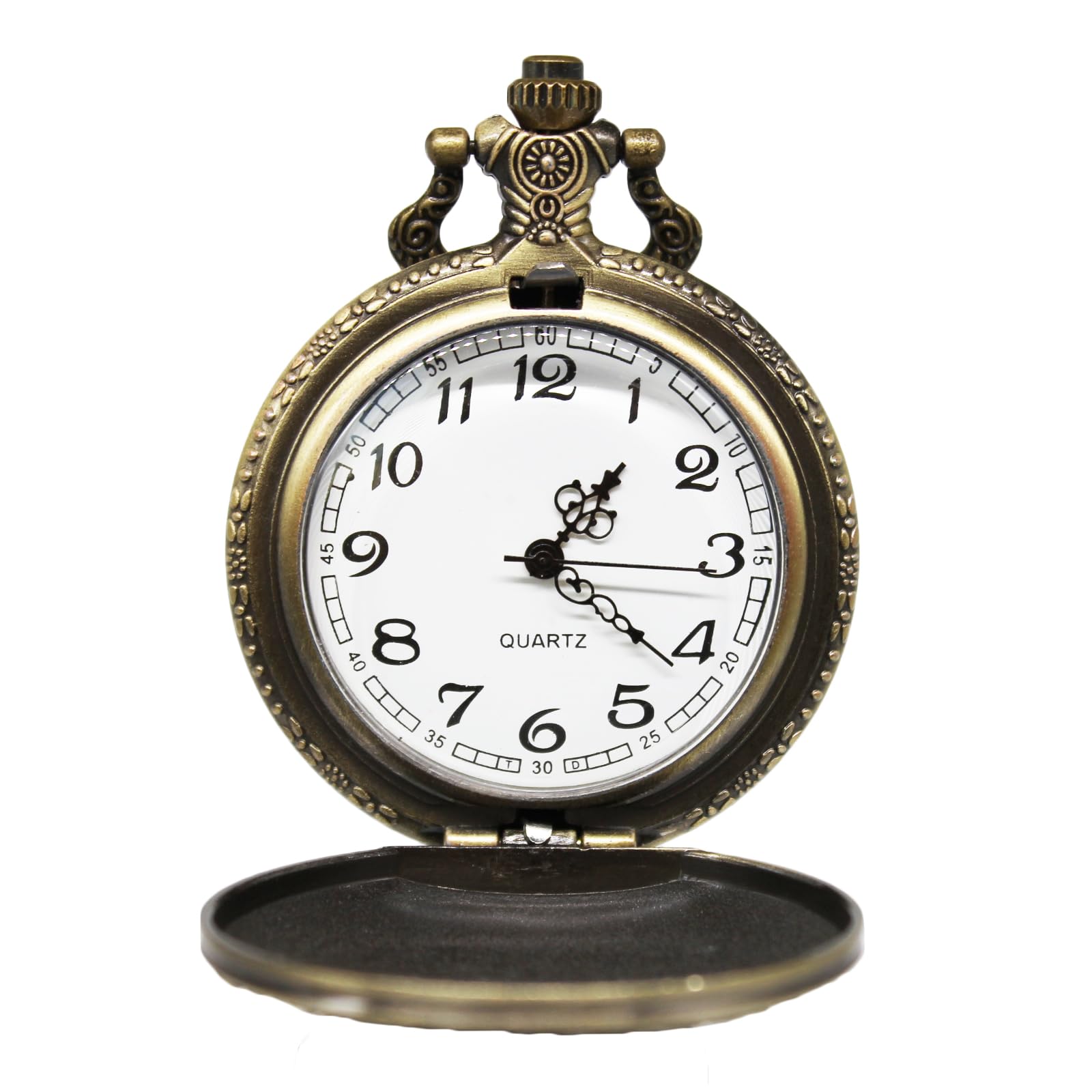 SIMAOTE Vintage Quartz Pocket Watch with Flower Pattern Cover and Chain for Women and Men (Bronze)