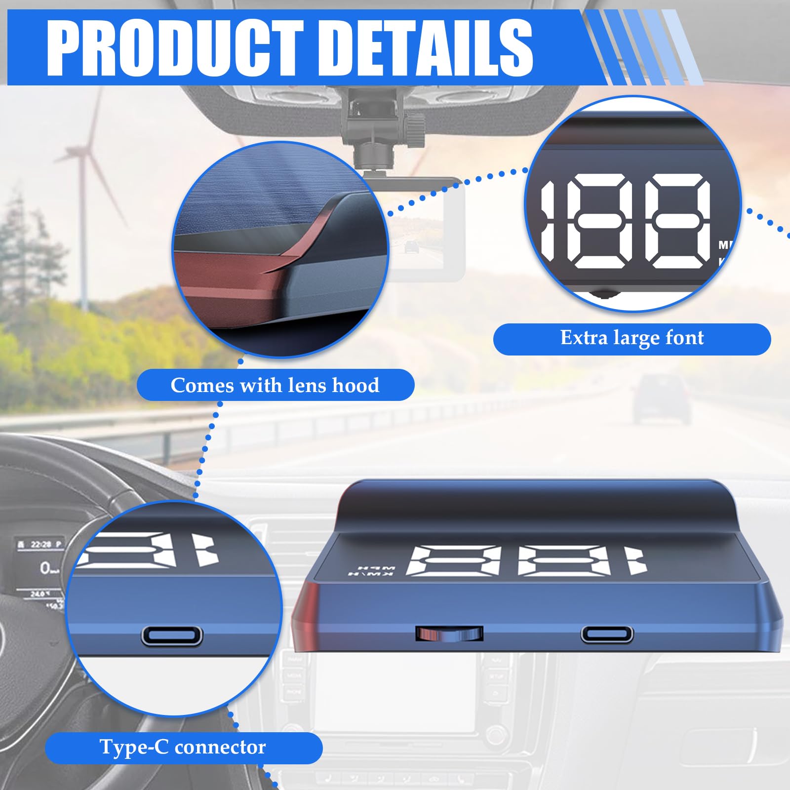 HhBdy Wyświetlacz Head Up Auto cyfrowy tachometr typu plug-and-play USB, 9 cm, uniwersalny licznik prędkości GPS wyświetlacz samochodowy HUD z dachem do wszystkich typów pojazdów (białe światło)