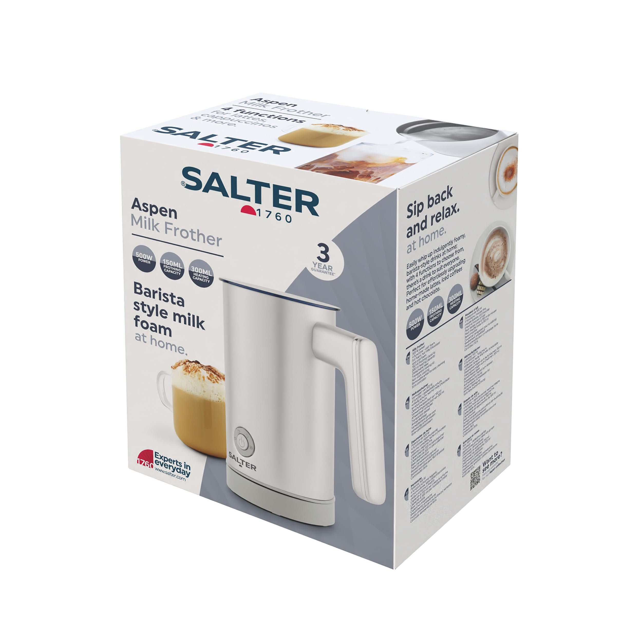 Salter EK6359MMSVDE Aspen Montalatte - Vaporiera elettrica 4 in 1, schiuma di latte calda e fredda, caffè, cappuccino, latte, capacità di schiumatura 150 ml/capacità di riscaldamento 300 ml, 500 W