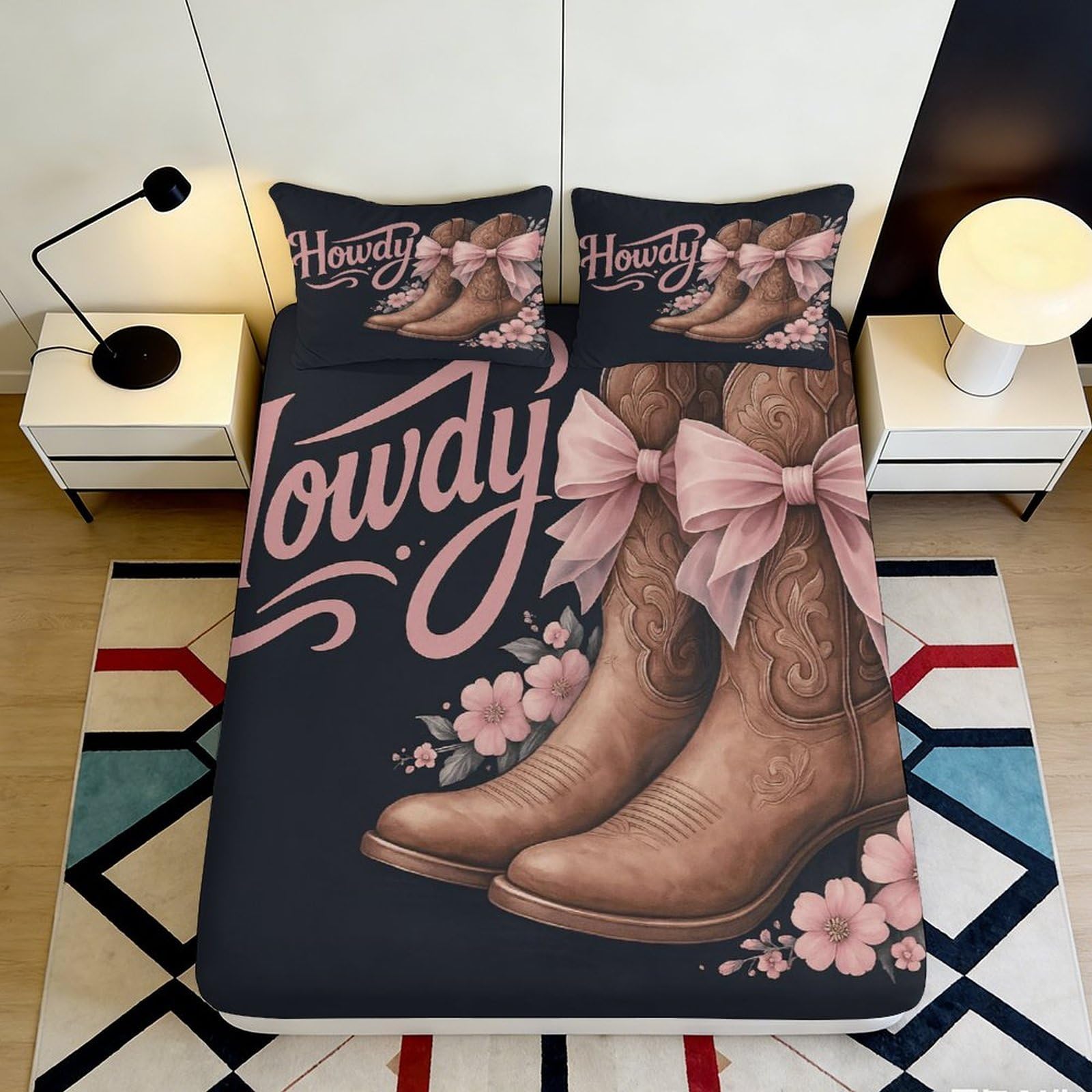 Jqzkxnhpbr Style-6 3D Printed Cowboy Boots Fitted Sheet Microfiber Pink Bow Floral Bed Cover For Bedroom Dorm Mattress Protection Decor 90X200x25cm