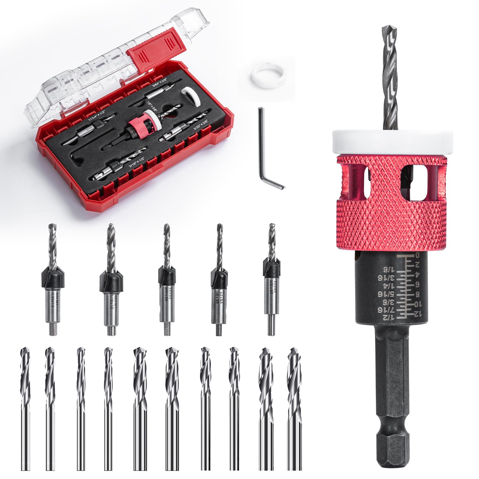 15 Pcs Countersink Drill Bit Set with Low Friction Depth Stop, HSS M2 Bits Tapered Head1/8 9/64" 5/32" Drill+3/8” 82° Counter-Bore,11/64" 3/16" Drill+