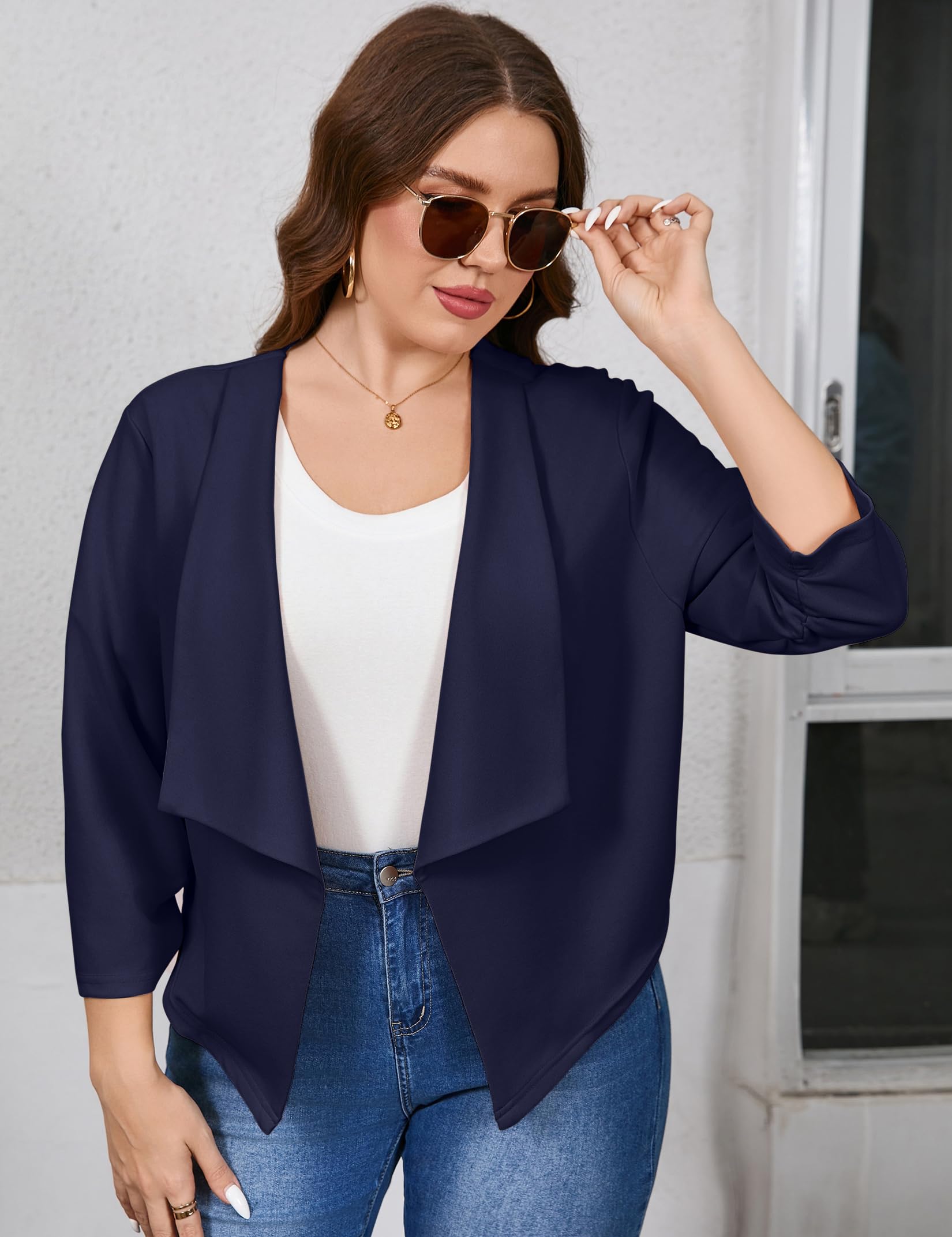 Grande Casual Blazer Open Front 3/4 Gathered Sleeve Work Office Business Size Elegante Cardigan Jackets