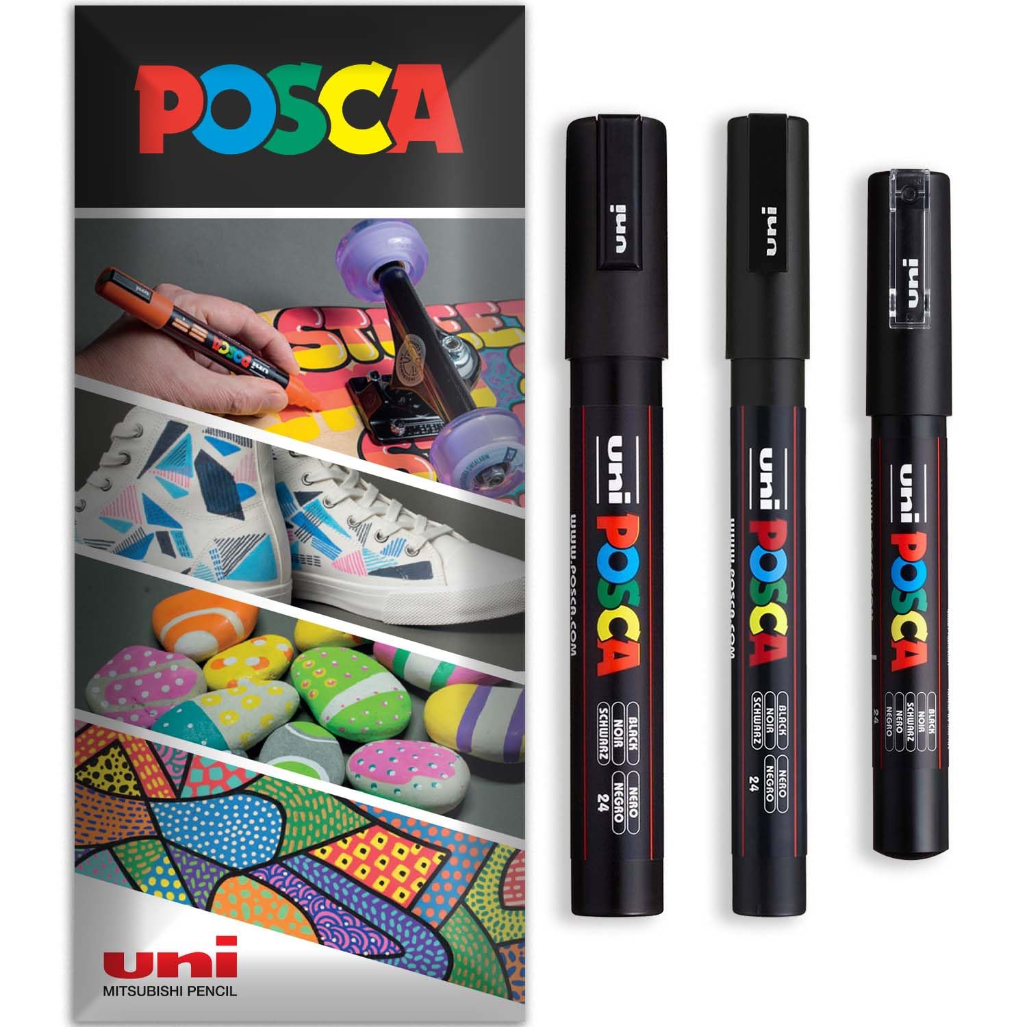 Posca - Rotulador permanente a base de agua, multiuso en superficies, PC-1M, PC-3M, PC-5M, paquete de 3 bolígrafos en cartera (negro)