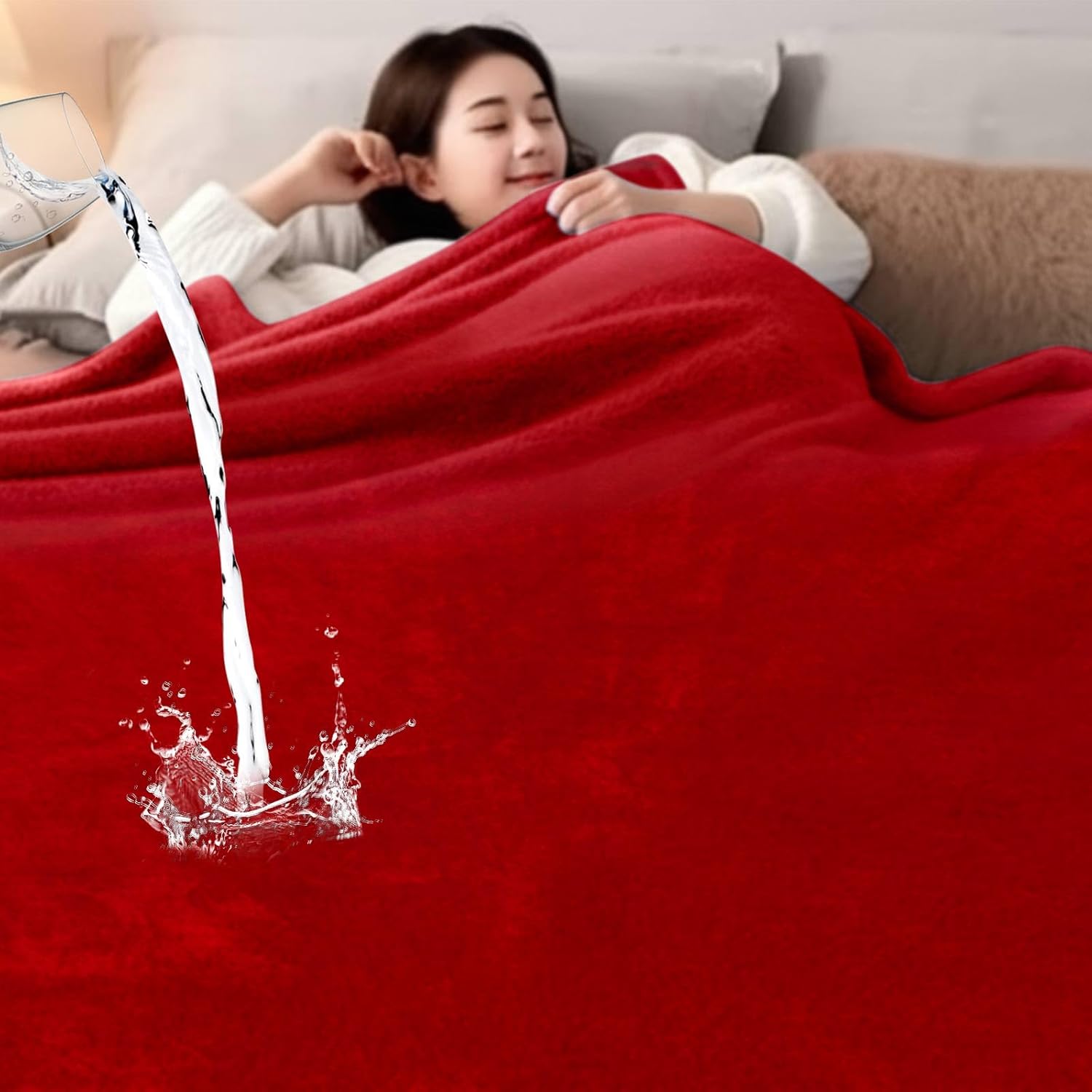 Love Waterproof Red and Black Bed Blanket 80'' x 60'' with a Storage Bag, Double Sides Flannel Splash 3 Layer Lightweight Twin Size Blanket Mattress Protector