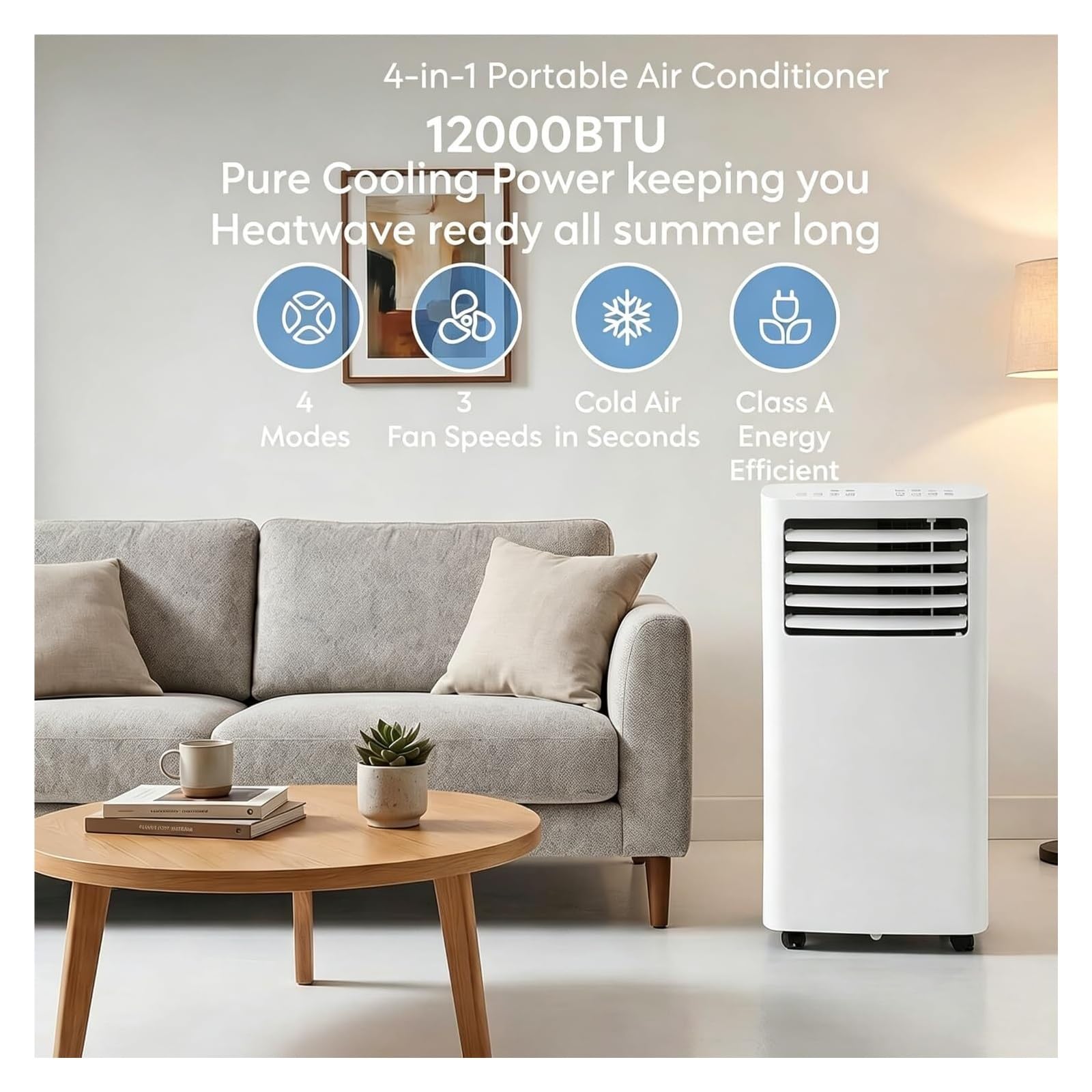 12000 BTU Portable AC z timerem, osuszacz wentylatora 4 w 1 do pomieszczeń do 30sqm, energooszczędny mobilny klimatyzator z zestawem wydechowym do biura w sypialni