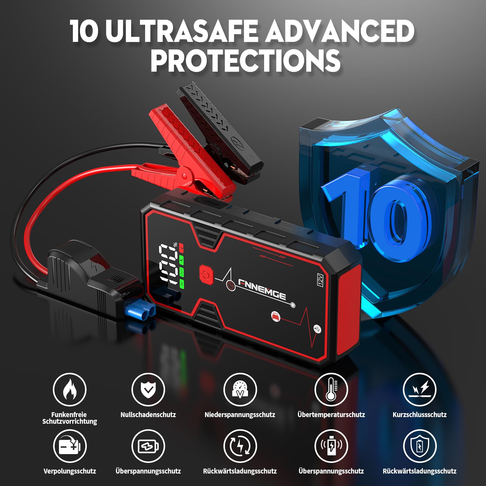 FNNEMGE Starthilfe Powerbank 5000A 23800mAh, Geeignet für 12V Auto Batterie (Alle Benzin und Bis Zu 8,0L Diesel), mit USB-Ladeausgang, LED-Licht, HD-Großbildschirm