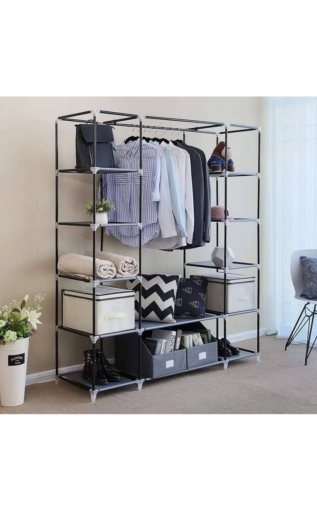 Eurotrade W Ltd Large Grey Fabric Canvas Bedroom Wardrobe With Hanging Rail Shelving Clothes Storage Cupboard Unit
