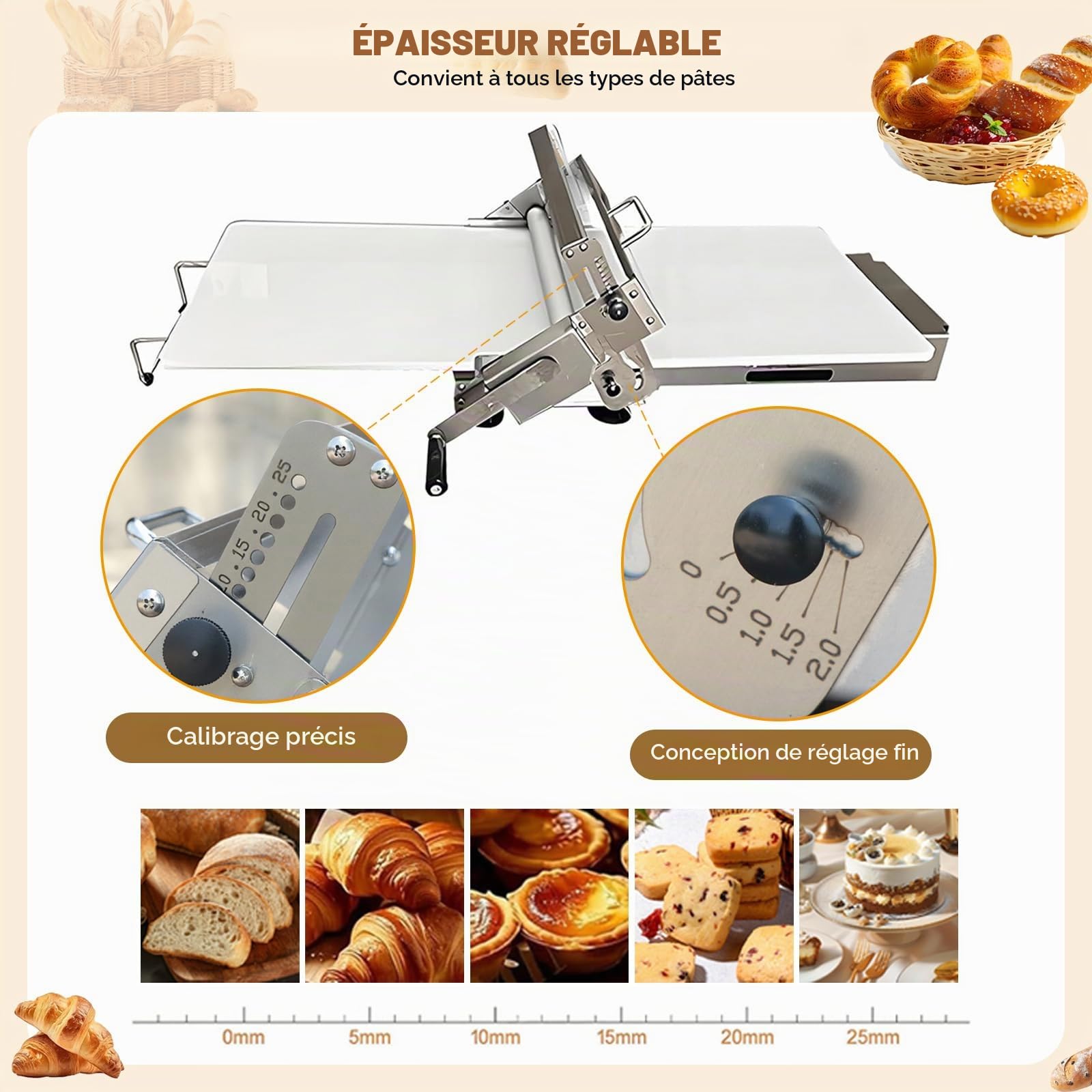 Laminoir à Pâte Pliable Manuel Laminoir à Pâte Feuilletée avec épaisseur Réglable 0-25 mm Laminoir Patisserie en Acier Inoxydable pour Pizza Croissants Pâtisseries Commercial Domestique