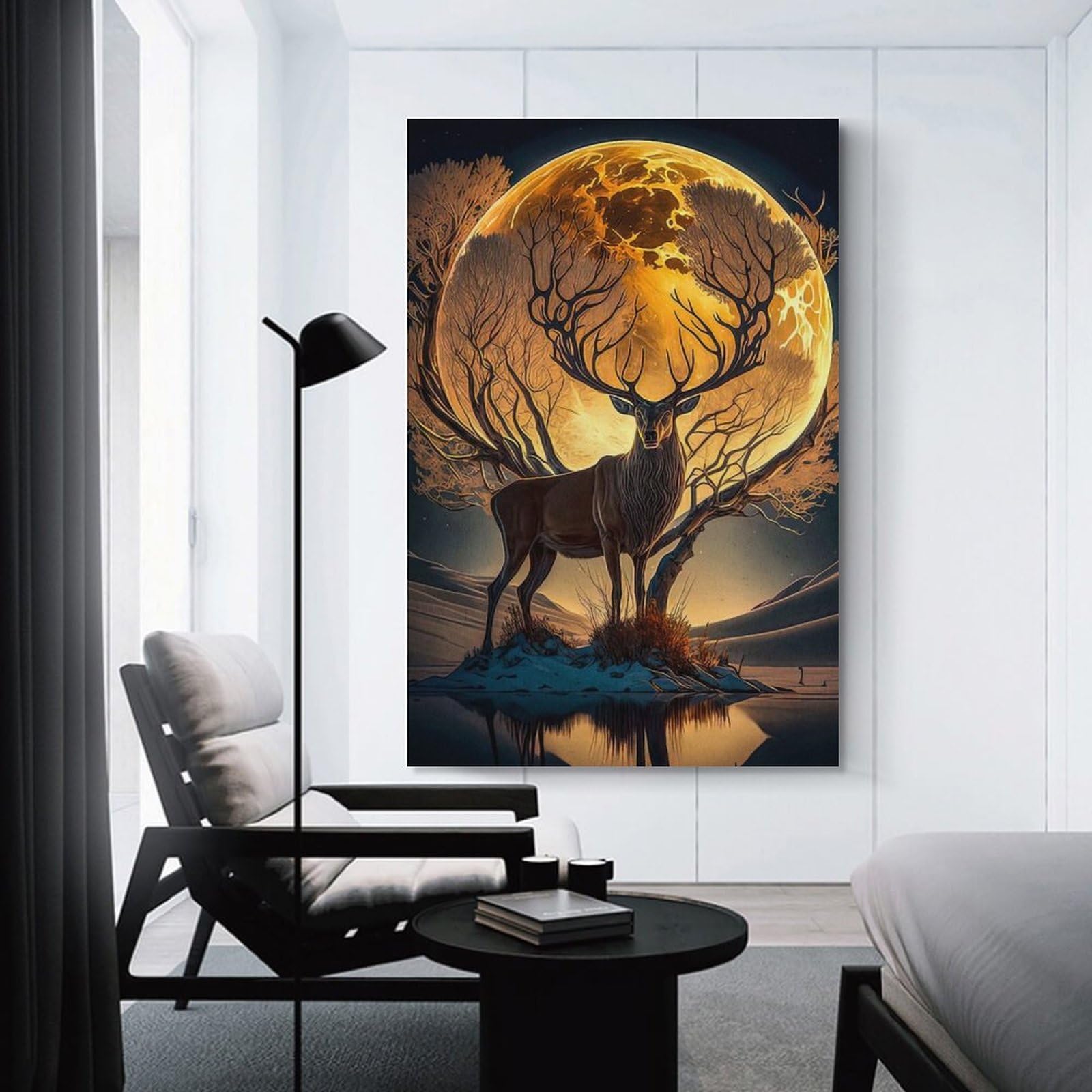 Junmoney Home Decor Wall Art Deer Moon Landscape, 12x18inch(30x45cm), for New Homes, Bedrooms Or Workspaces, Home Decor Gift with Stylish Appeal