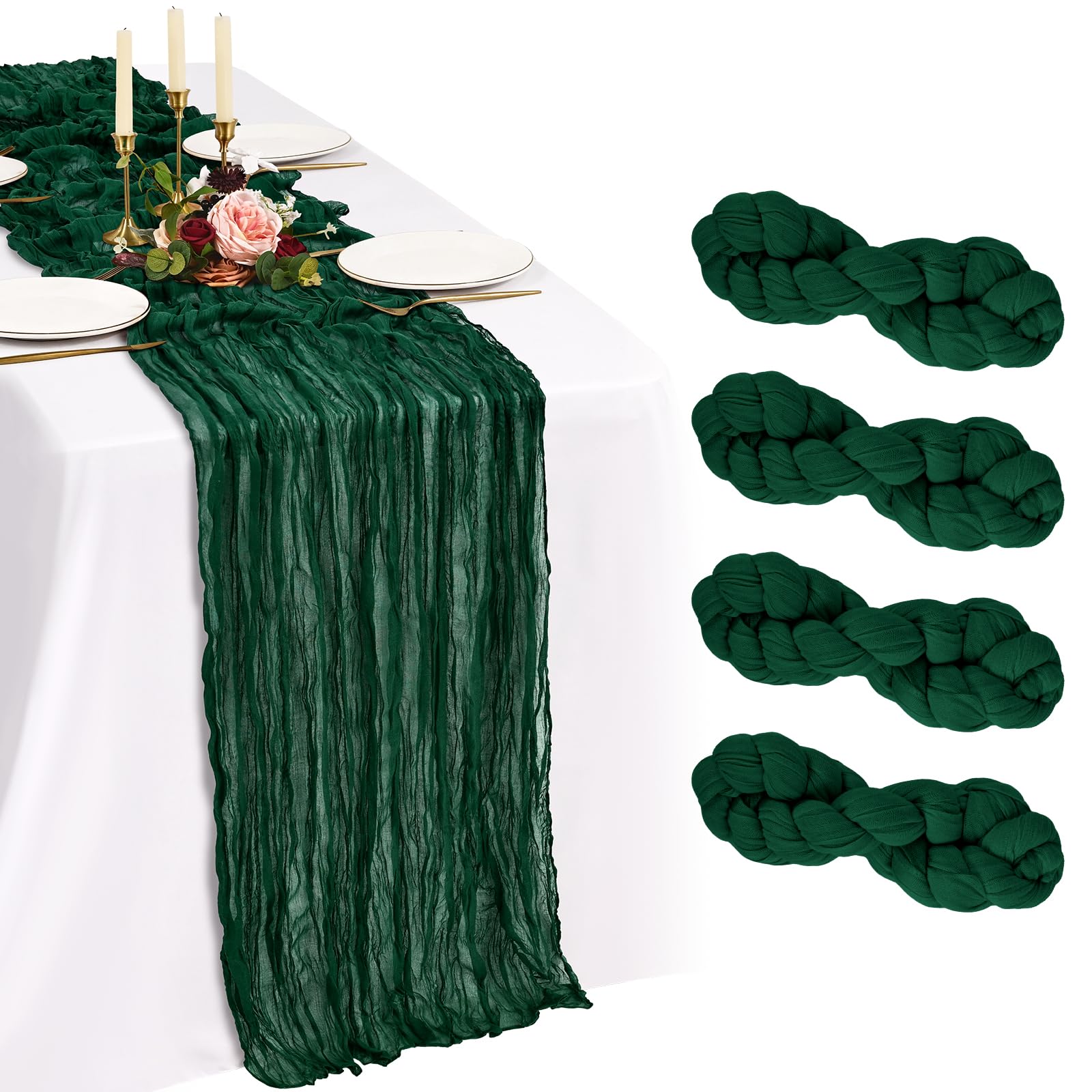 Showgeous Emerald Green Cheesecloth Table Runner 90x300cm, Boho,4 Pack