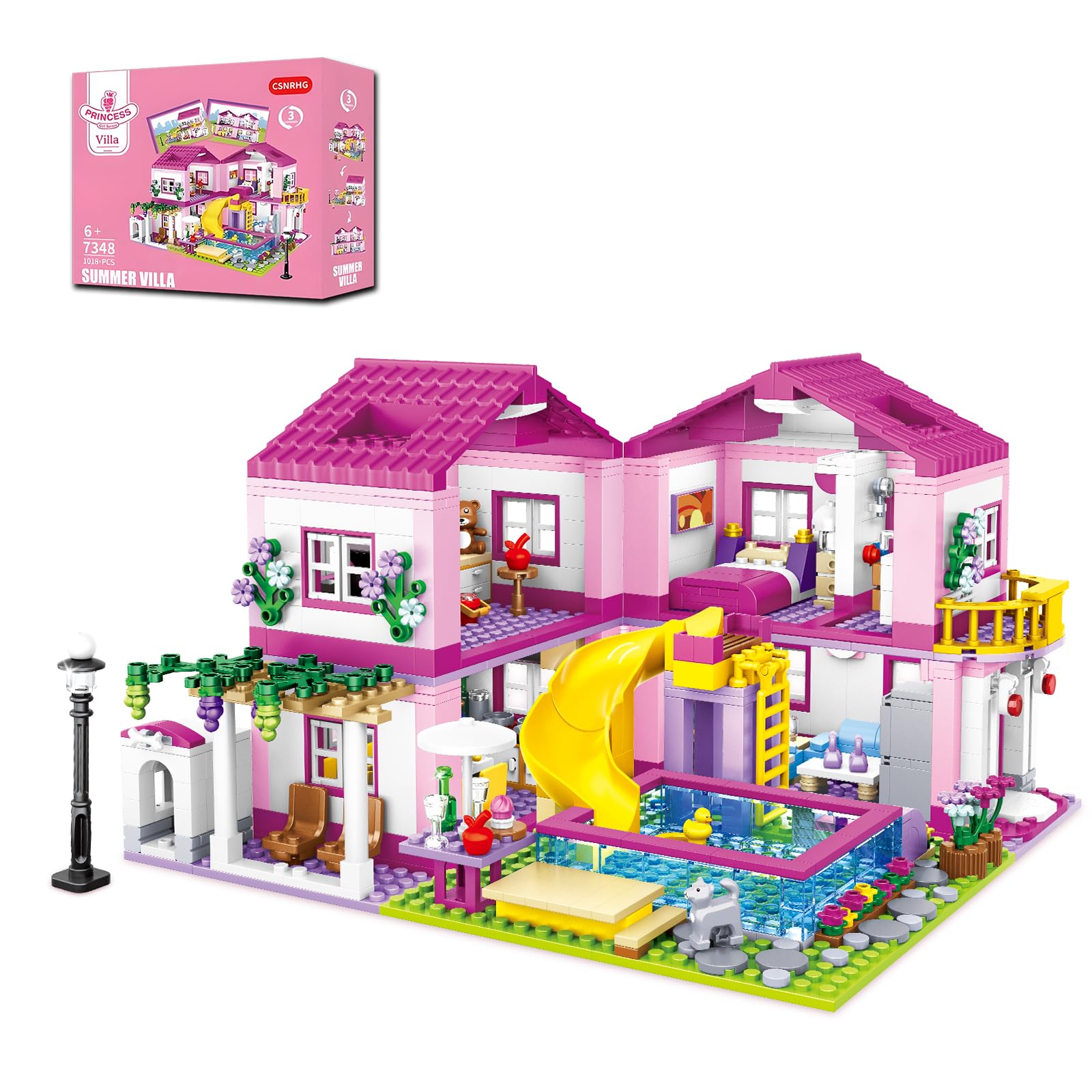 Pink Summer Pool Villa Building Block Set Friends Construction Educational Toy 1018 Pieces Gifts for Girls Teens Kids Adults Ages 6+