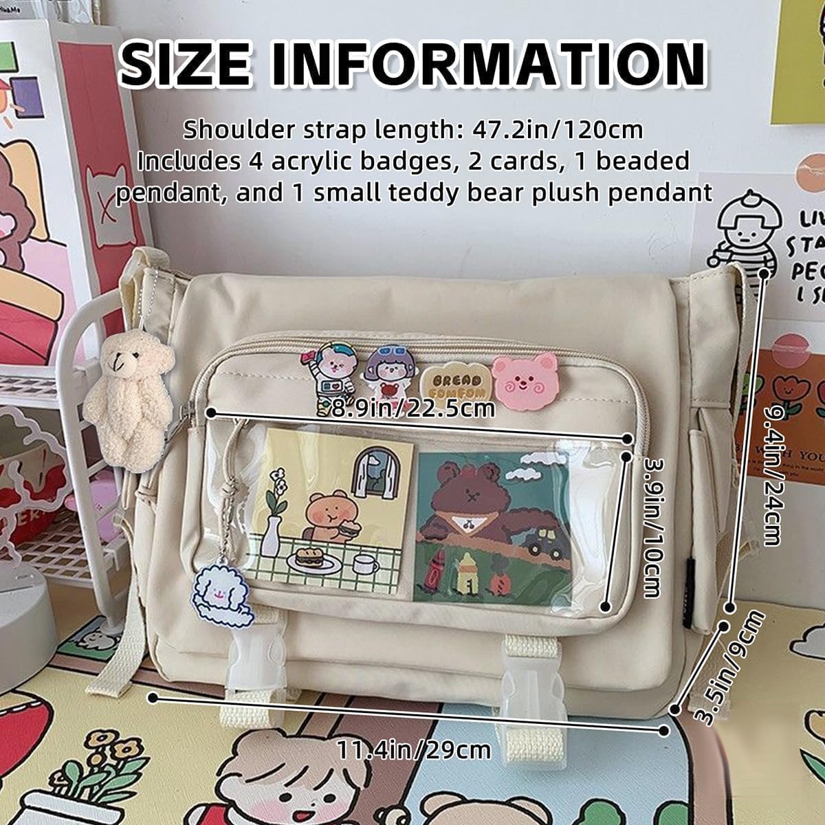 Kawaii Crossbody Ita Bag for Women with Pin & Plush Bear - Japanese Messenger Bags Y2K Shoulder Purse - Image 4