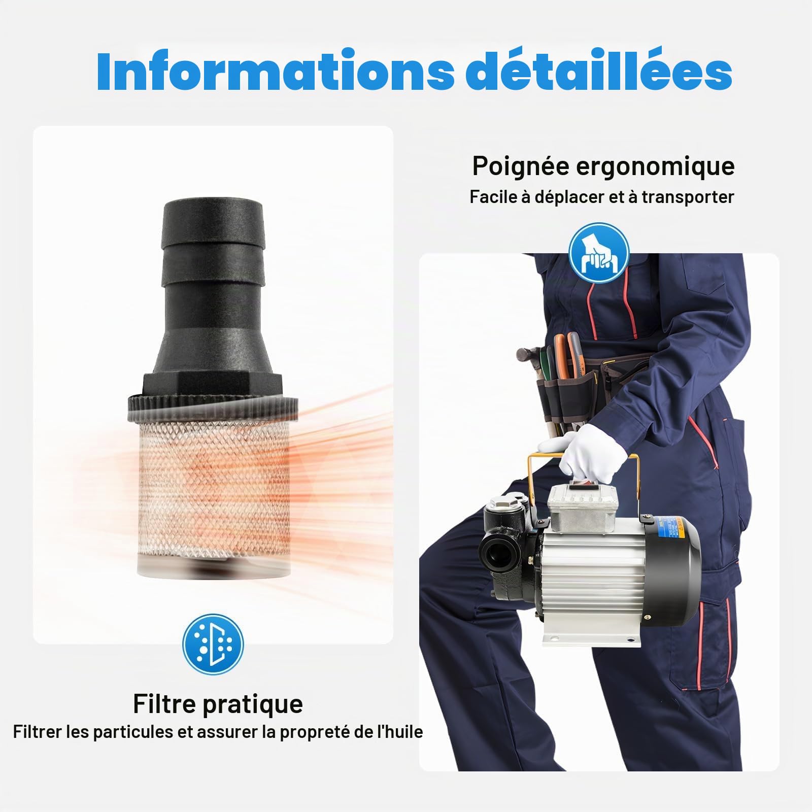 Pompe Electrique Carburant 550W 2800 r/min, Pompe Gasoil 220V Autoaspirante Débit 20-60 L/min Pour Fûts Camions Pellettes Bateaux Avec Filtre Et Base Stable