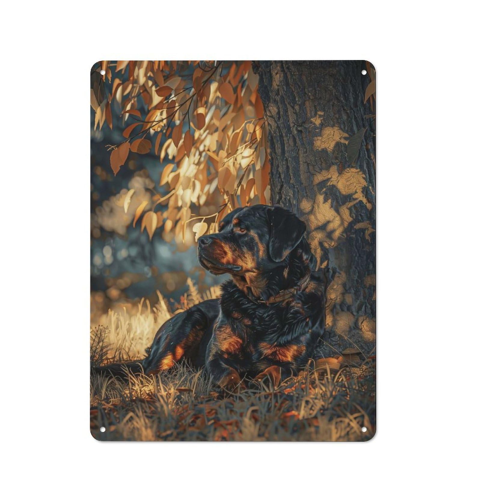 Junmoney Style-18 Rustic Metal Wall Sign 40X30cm Featuring Rottweiler Under A Tree For Garage Wall, Tin Sign Wall Decor For Garages And Workshops