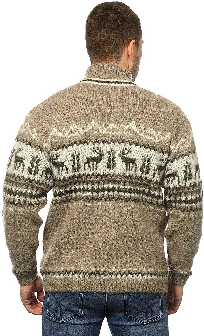 Wool Mens Sweater Cardigan Icelandic Wool Full Zip T-Neck Reindeer Design w/Pockets Fully Lined