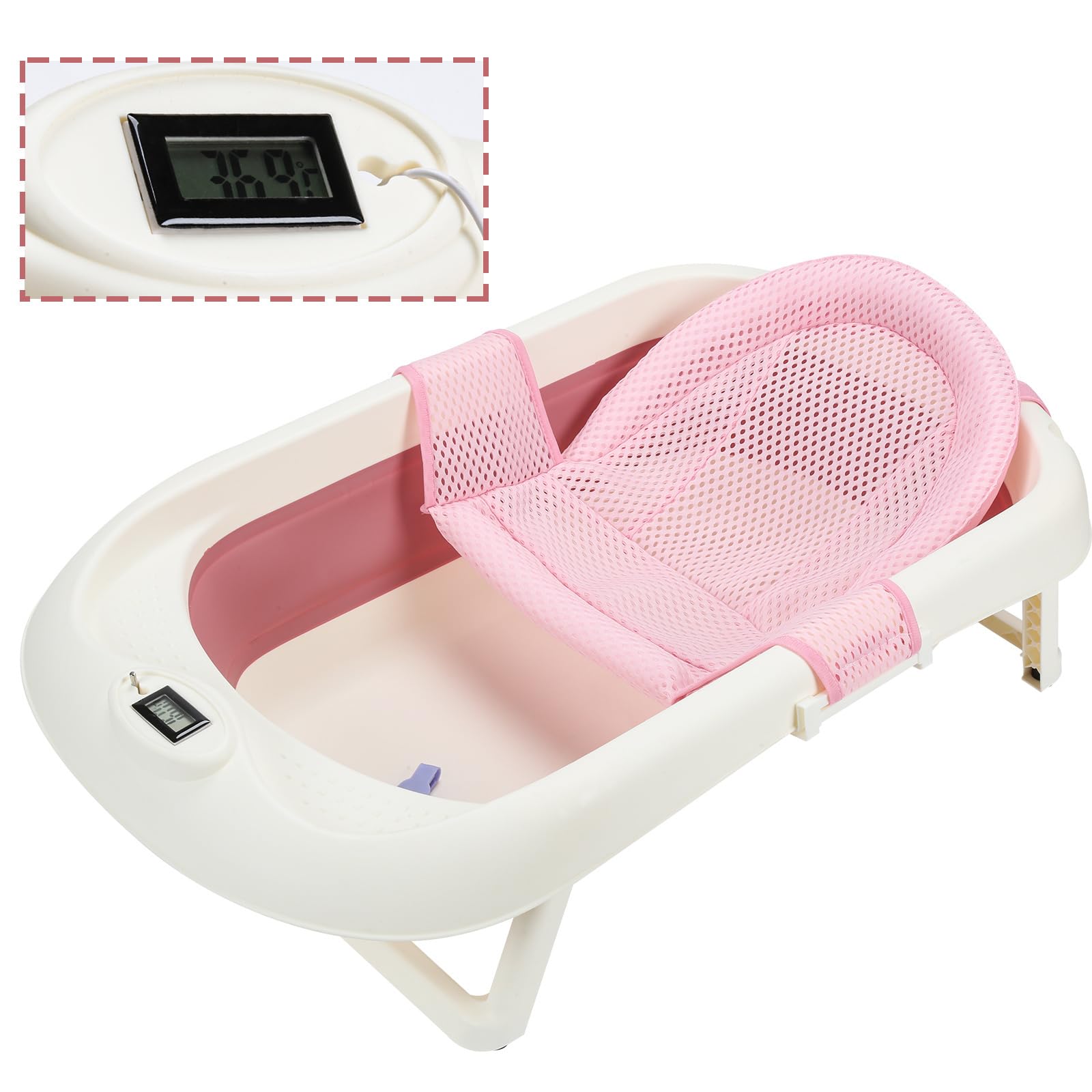 Bañera plegable para bebé de 50 l con inserto de baño, indicador de temperatura y tapón de agua que cambia de color, antideslizante y estable, color rosa