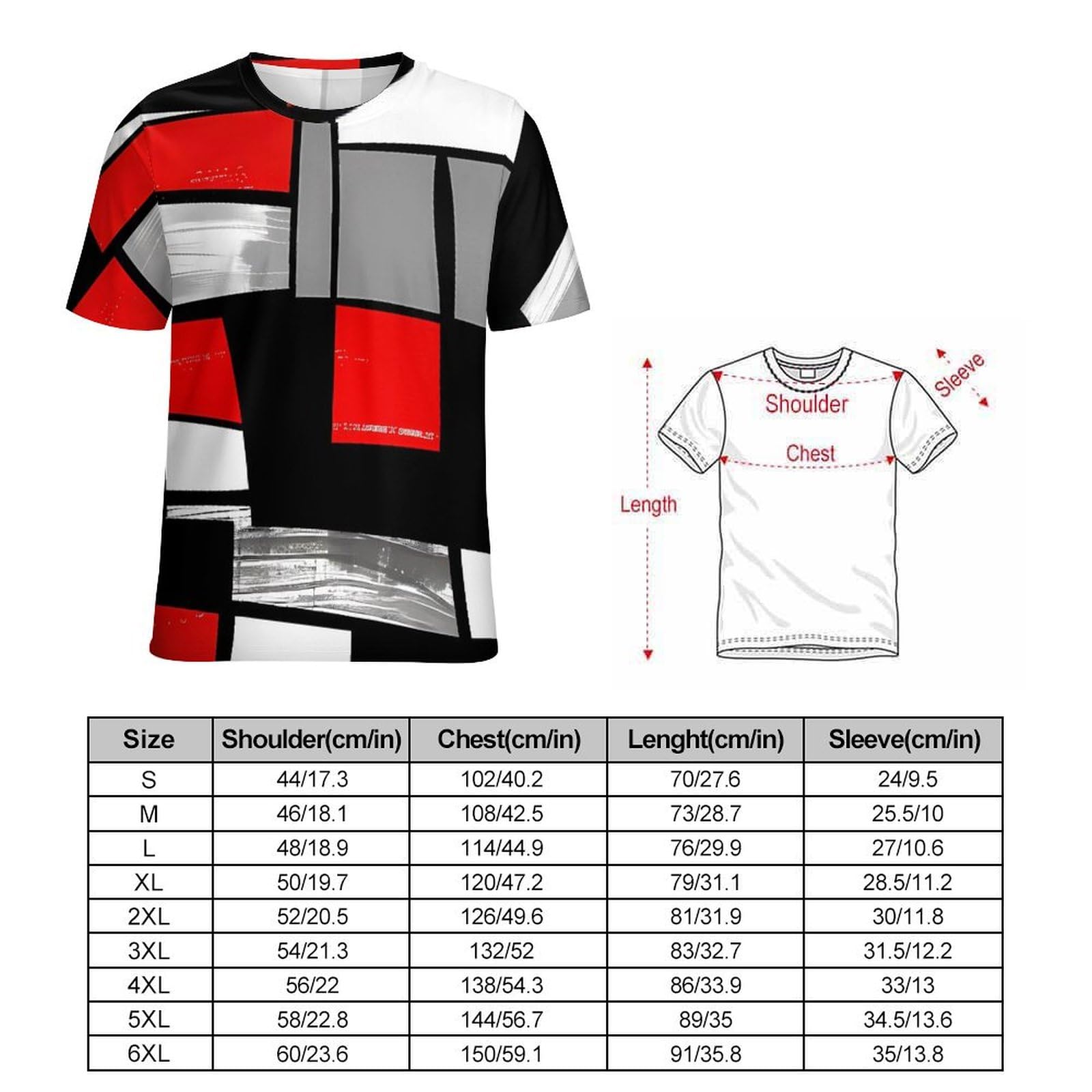 Red, Grey, Black and White Rectangles Modern Style Men’s Short Sleeve Graphic T-shirt Crewneck Print Casual Tee Tops L