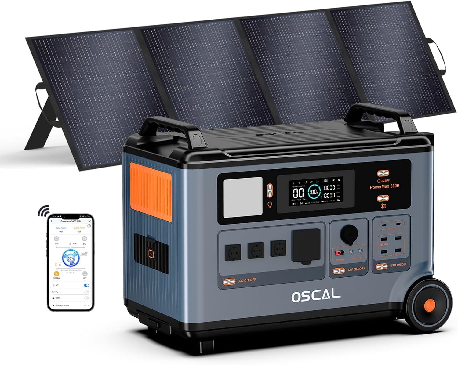 3600Wh Estacion de Energia Portatil PowerMax 3600 SE con 200W Panel Solar, 3600W LiFePO4(pico de 7200W), Generador Solar, Carga Rápida de 0-80% en 90 min para Camping, RV, Apagón