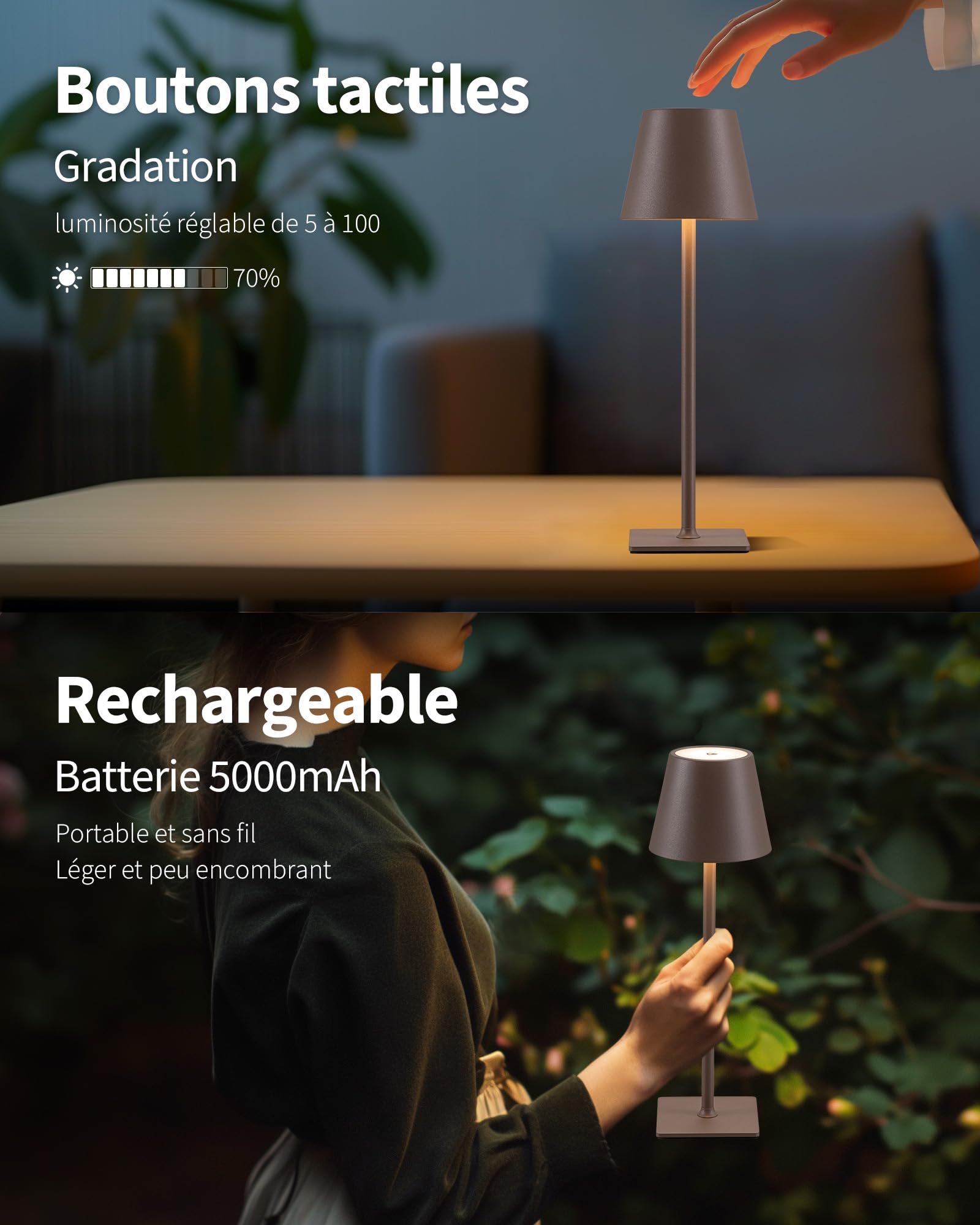 2 lampade da tavolo LED senza fili, lampada da comodino ricaricabile, dimmerabile, batteria 5000 mAh, 2700 – 6000 K, per interni ed esterni, impermeabile (marrone)