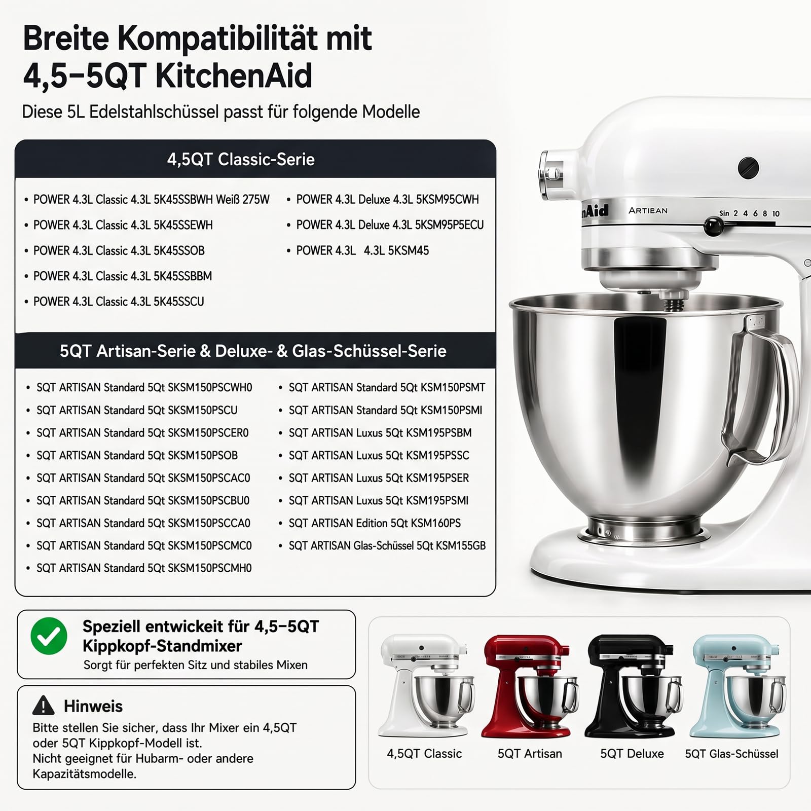 Miska miksera ze stali nierdzewnej, kompatybilna z KItchen AID 4,5-5 Quart, miska do mieszania ze stali nierdzewnej, z uchwytem, nadaje się do mycia w zmywarce, zamiennik do robota kuchennego