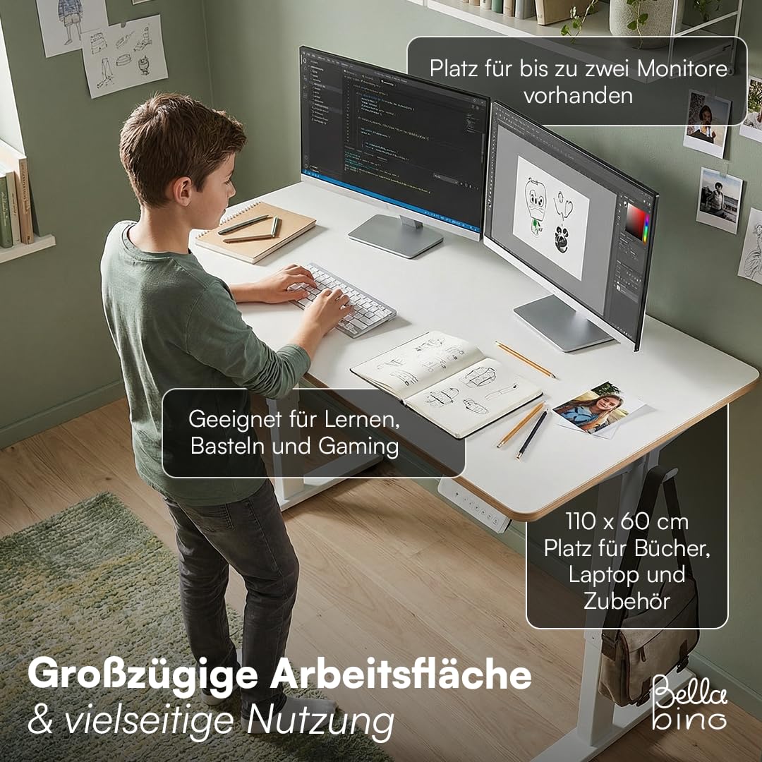 Bellabino Toro Kinderschreibtisch elektrisch höhenverstellbar – ergonomischer Schreibtisch für Kinderzimmer – Schülerschreibtisch ab 6 Jahren – LED-Höhenanzeige mit 3 Speicherplätzen & Kindersicherung