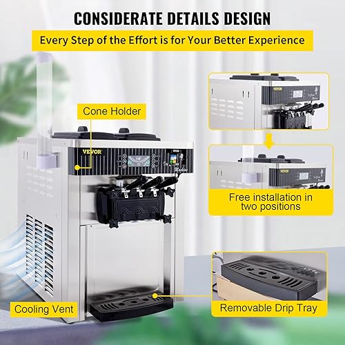 Miniatura 5 de VEVOR Máquina de helado comercial de 5.3 a 7.4 galones por hora, servicio suave con pantalla LED, limpieza automática, 3 sabores, perfecta para