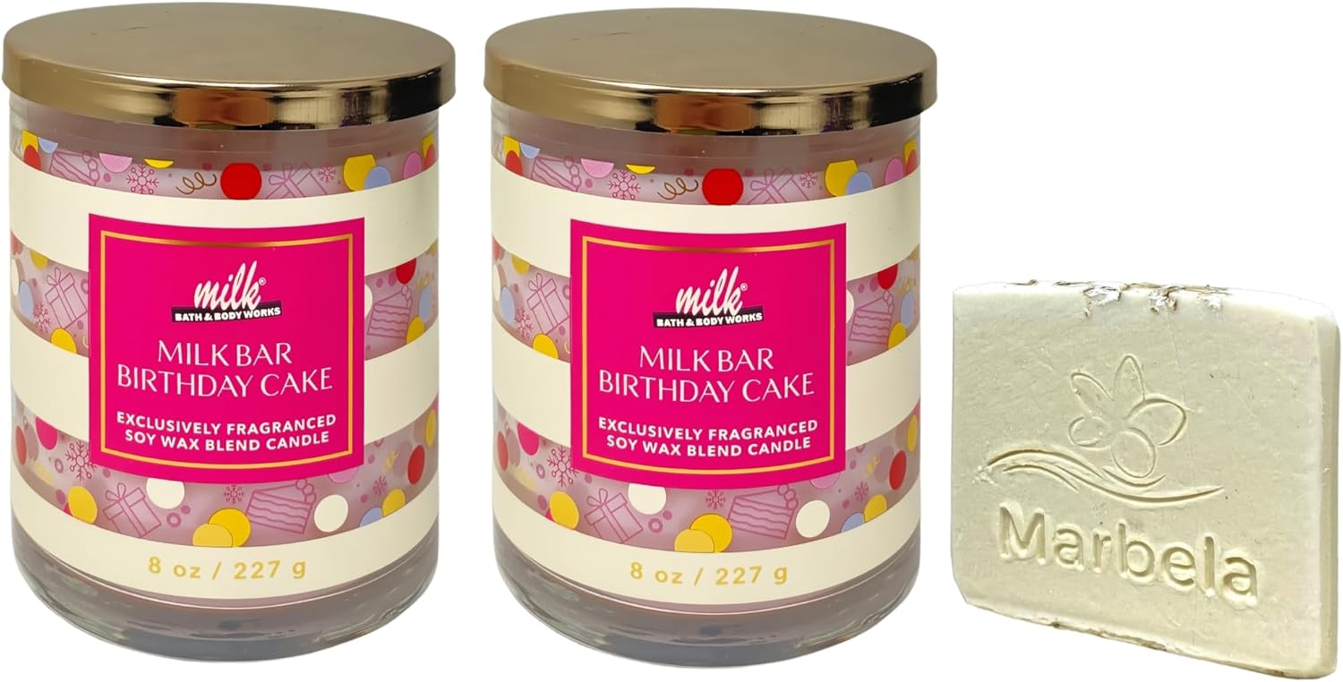 Bath & Body Works Milk Bar Birthday Cake 2 Single Wick Scented Candles with a Natural Oats Sample Soap